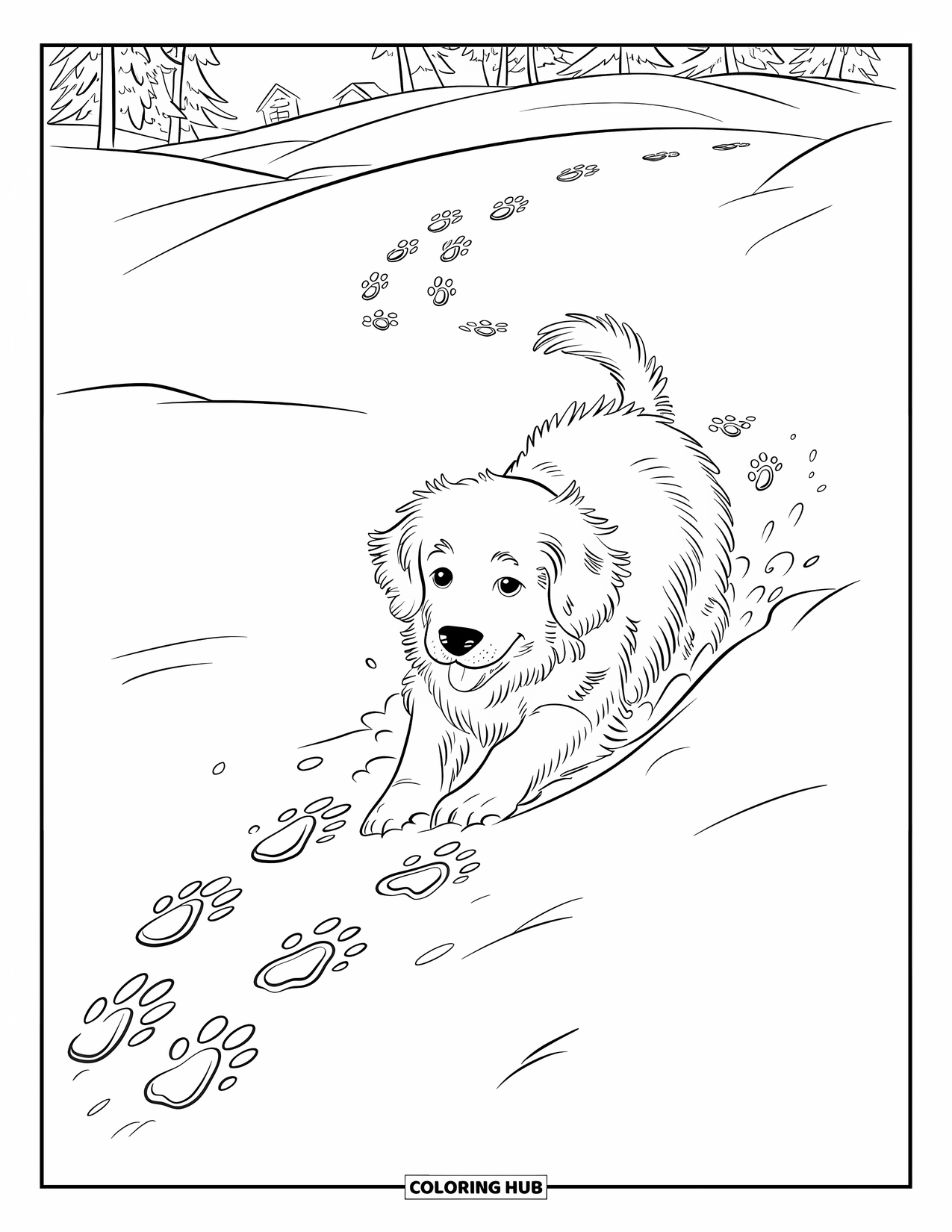 Christmas Puppy Coloring Page for Kids: A golden retriever puppy plays joyfully in the snowy landscape