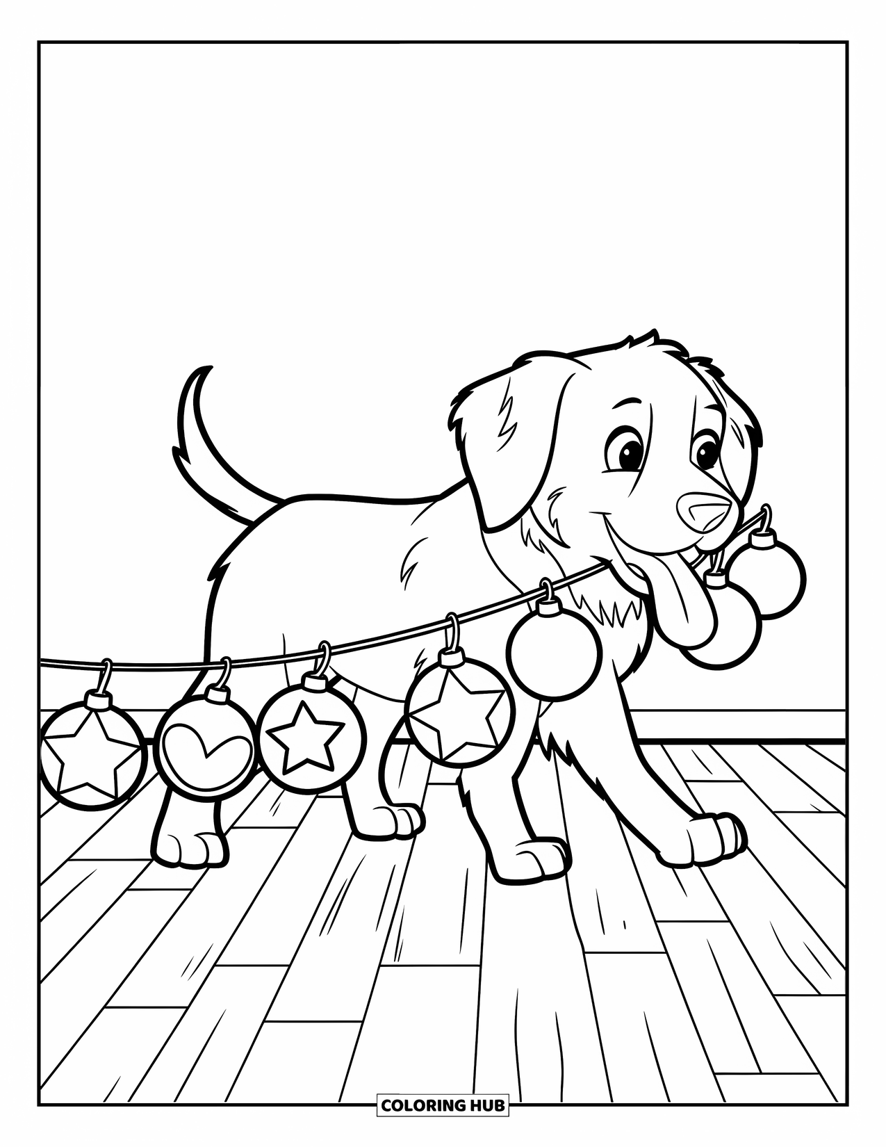 Christmas Puppy Coloring Page for Kids: A Labrador puppy playfully carries ornaments across the floor