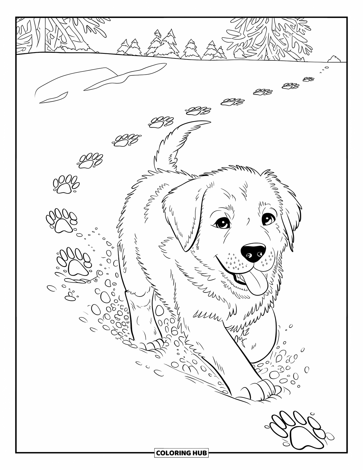Christmas Puppy Coloring Page for Kids: A Labrador puppy runs through snow leaving a happy trail