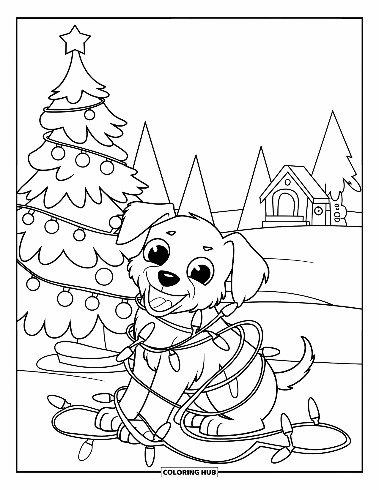Christmas Puppy Coloring Page for Kids: A playful puppy gets tangled in Christmas lights beside a tree