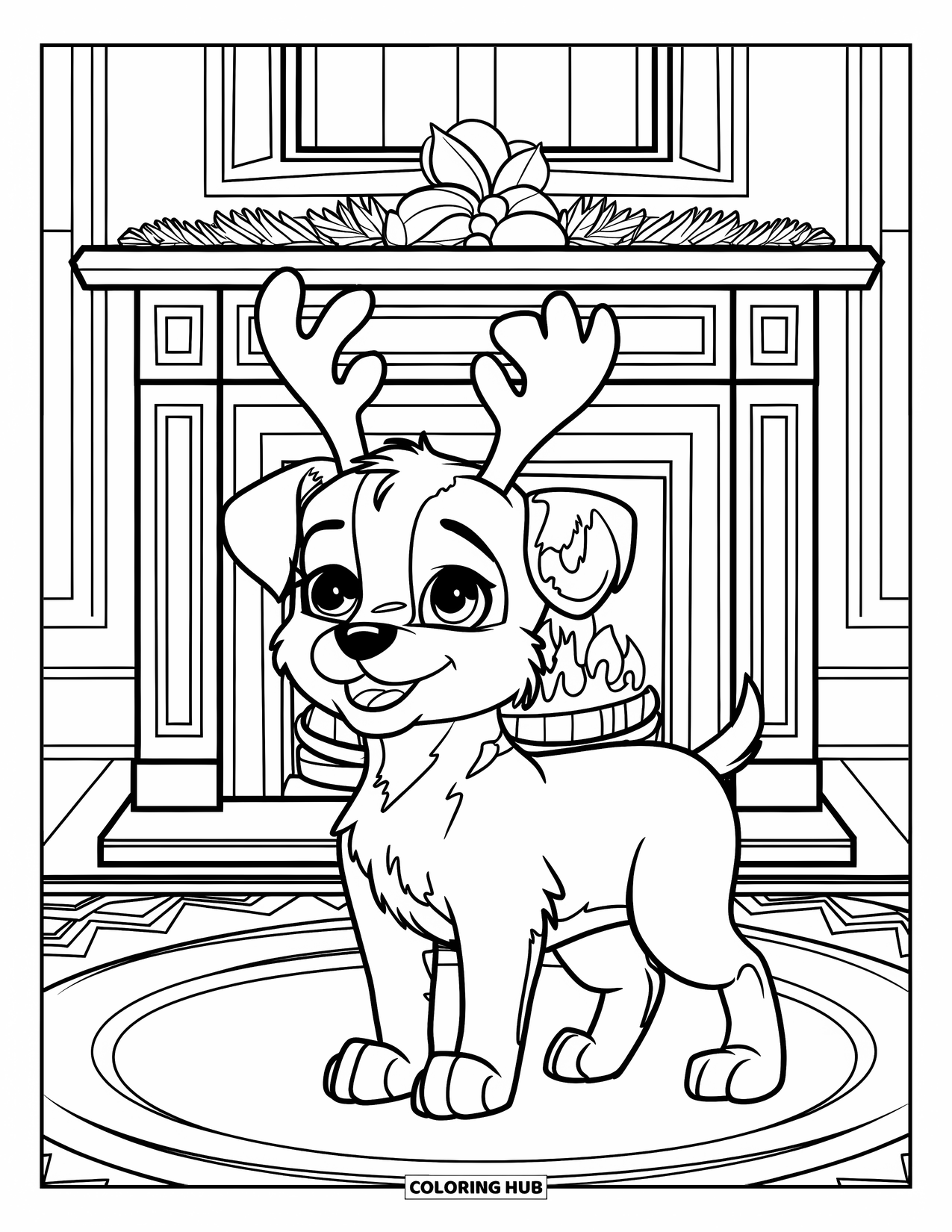 Christmas Puppy Coloring Page for Kids: A proud puppy in antlers sits on a rug by the fire