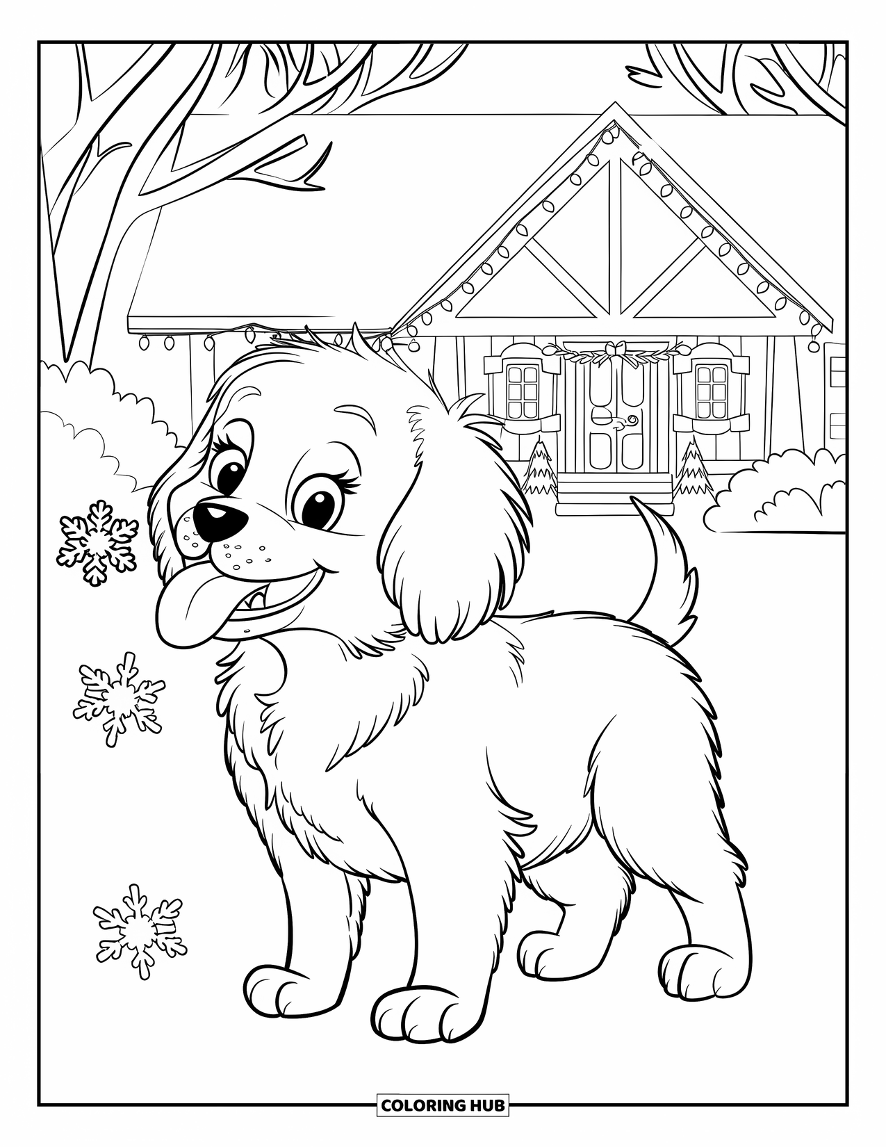 Christmas Puppy Coloring Page for Kids: A puppy catches snowflakes on its tongue in front of a snowy house