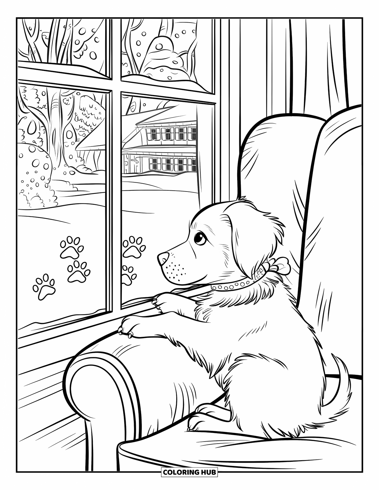 Christmas Puppy Coloring Page for Kids: A puppy in a festive collar looks through a snowy window