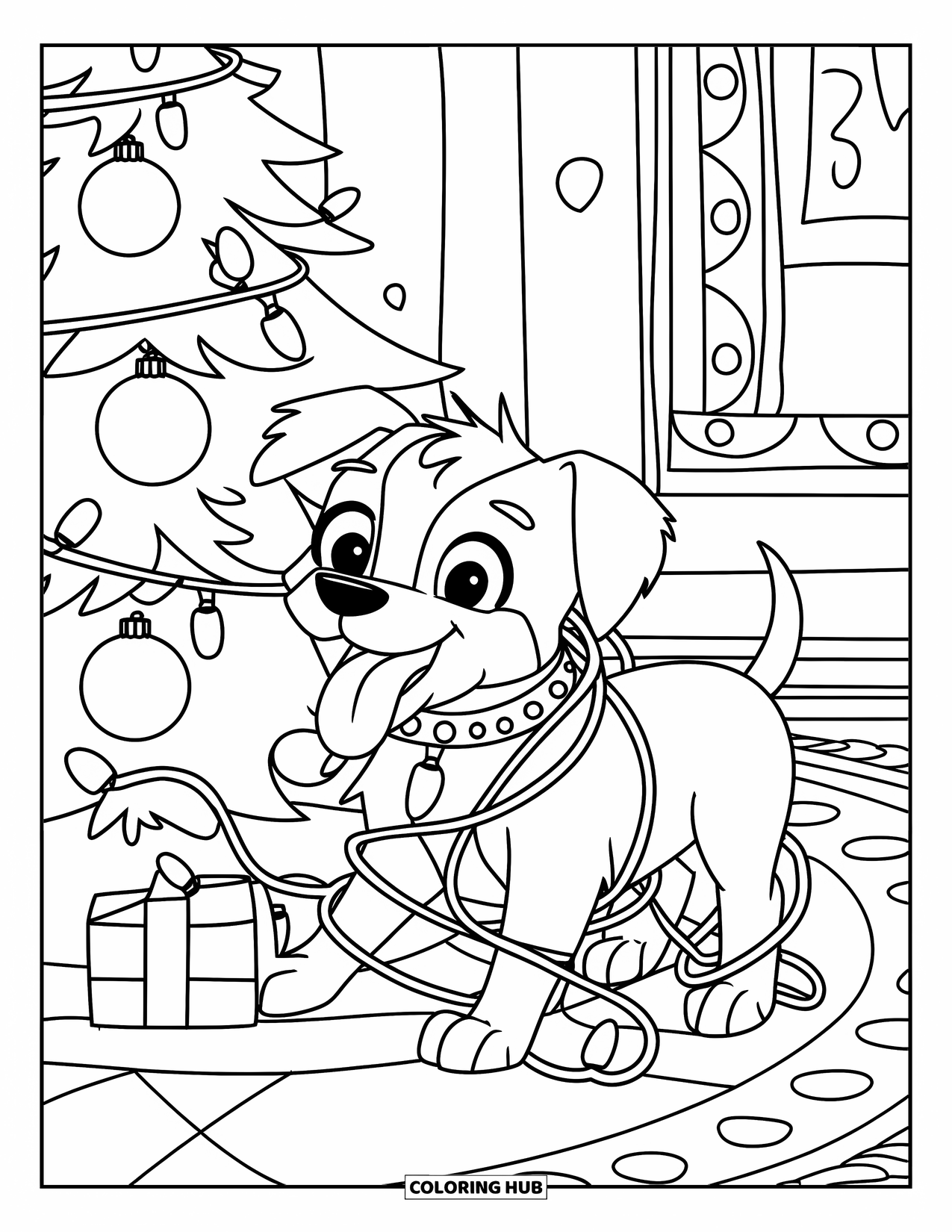 Christmas Puppy Coloring Page for Kids: A puppy in a festive collar sits tangled in tree lights