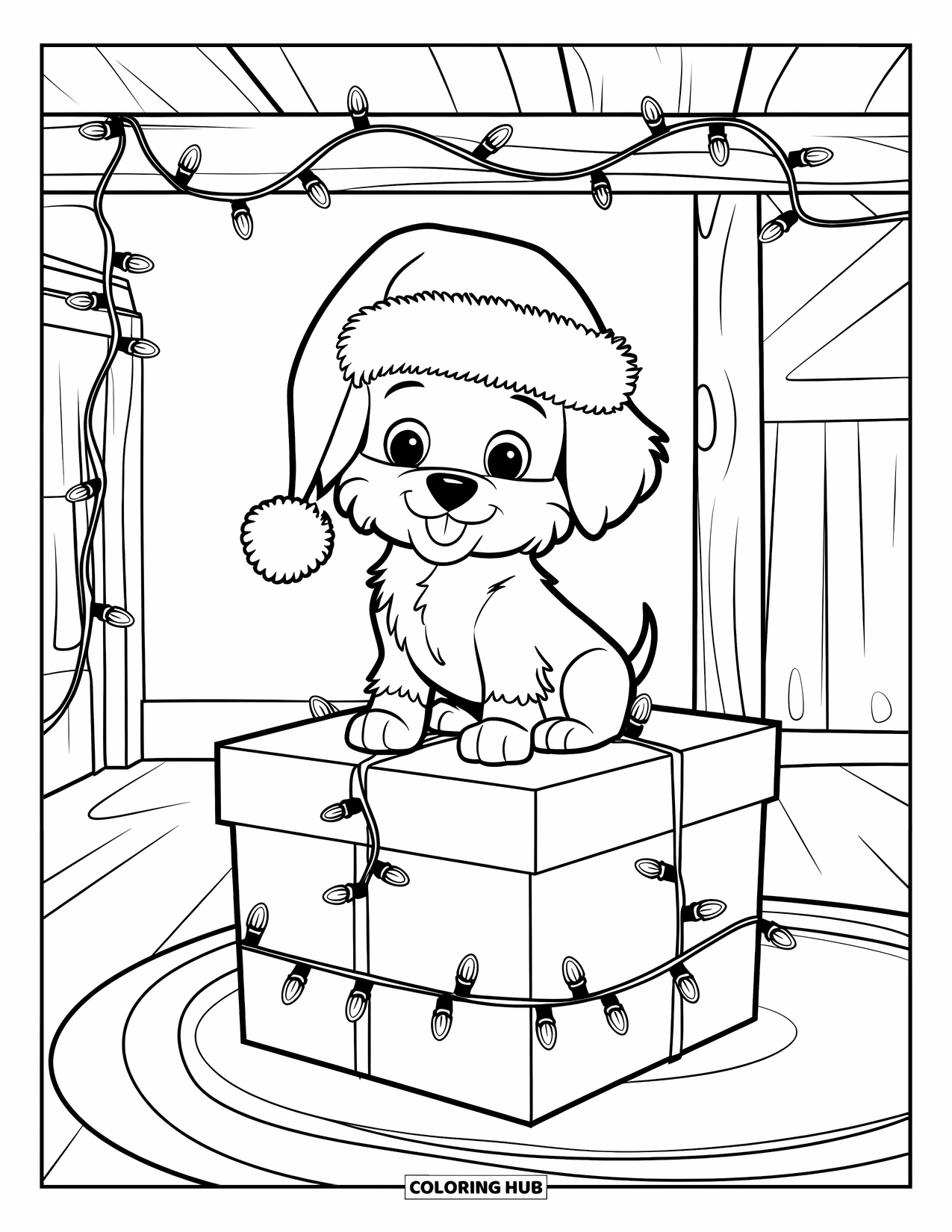 Christmas Puppy Coloring Page for Kids: A puppy in a Santa hat rests on a light-wrapped gift box