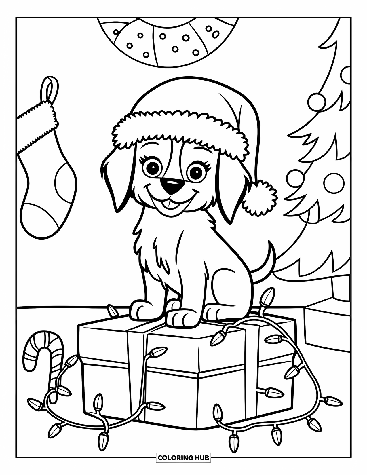 Christmas Puppy Coloring Page for Kids: A puppy in a Santa hat sits on a gift box with lights