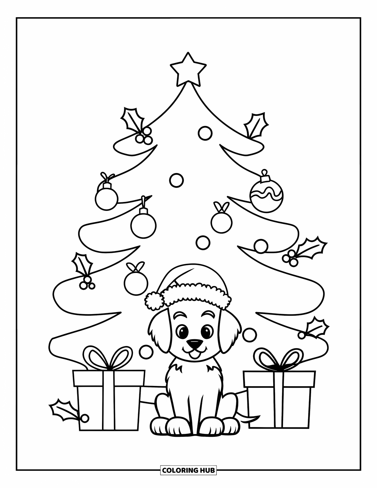 Christmas Puppy Coloring Page for Kids: A puppy in a Santa hat sits under a tree with holly nearby