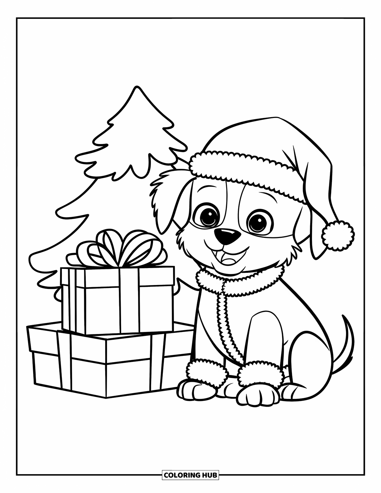 Christmas Puppy Coloring Page for Kids: A puppy in a Santa suit sits beside a stack of presents
