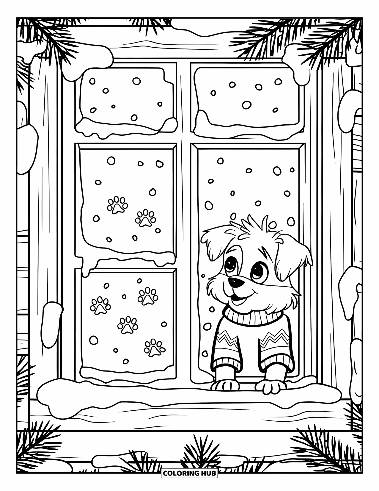 Christmas Puppy Coloring Page for Kids: A puppy in a sweater peers through a frosty wooden window