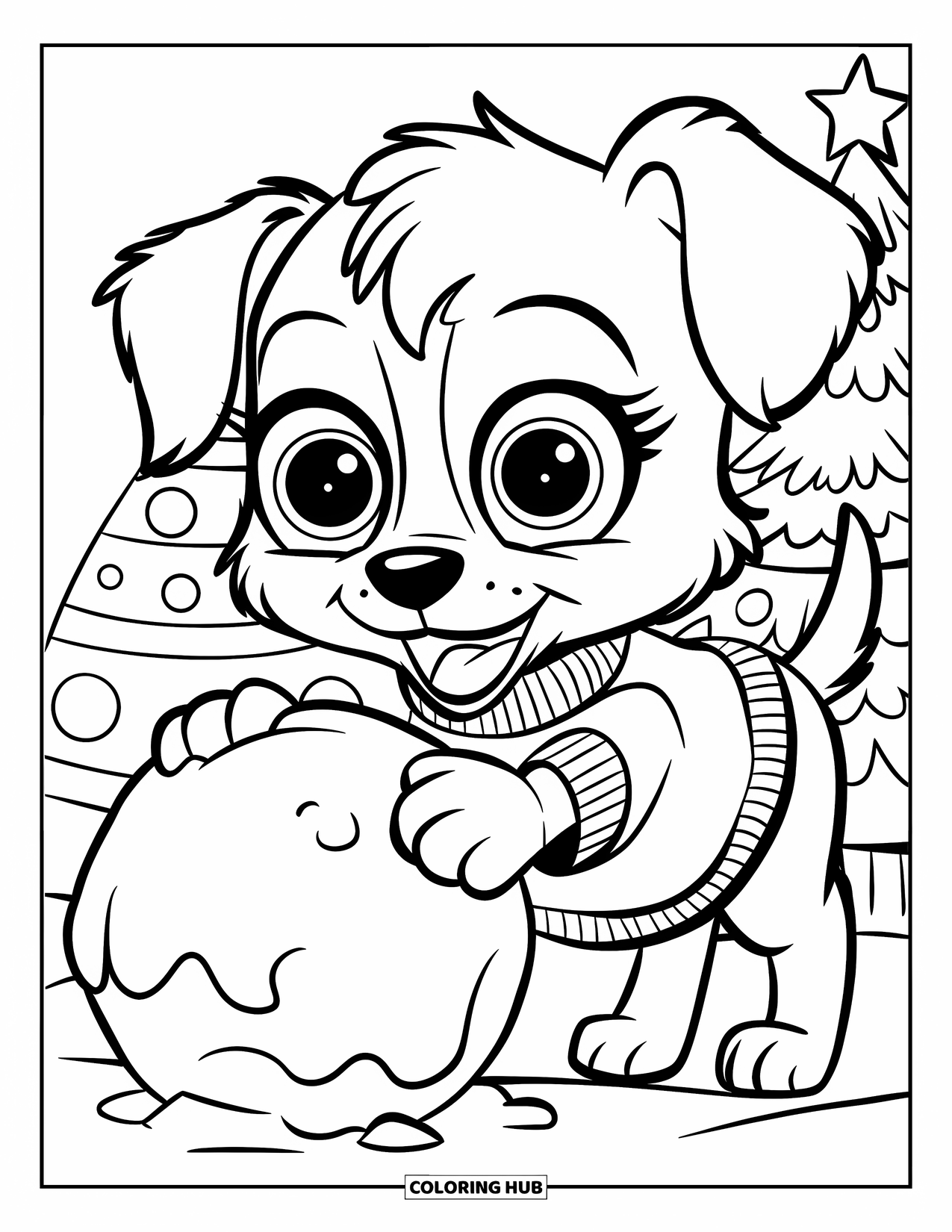 Christmas Puppy Coloring Page for Kids: A puppy in a sweater plays with a snowball near a tree