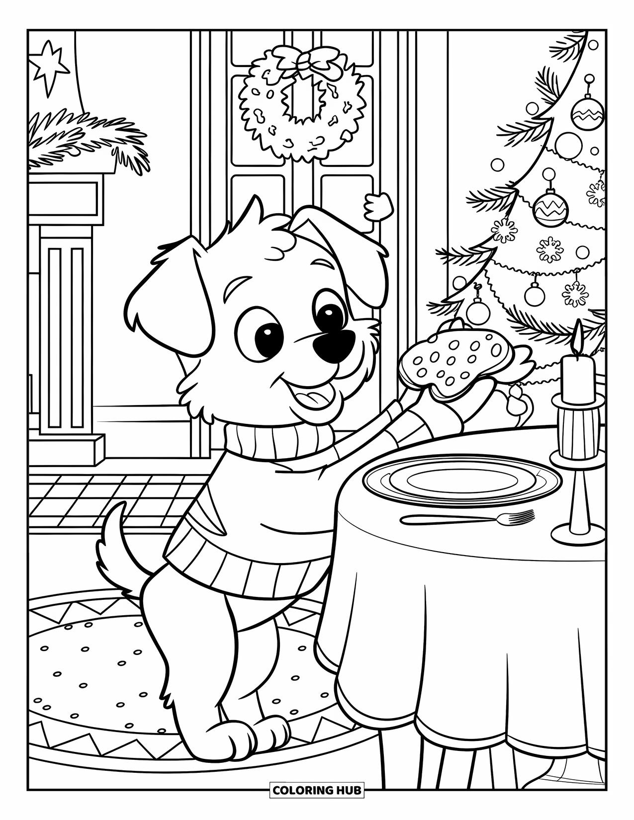Christmas Puppy Coloring Page for Kids: A puppy in a sweater reaches for cookies on a festive table