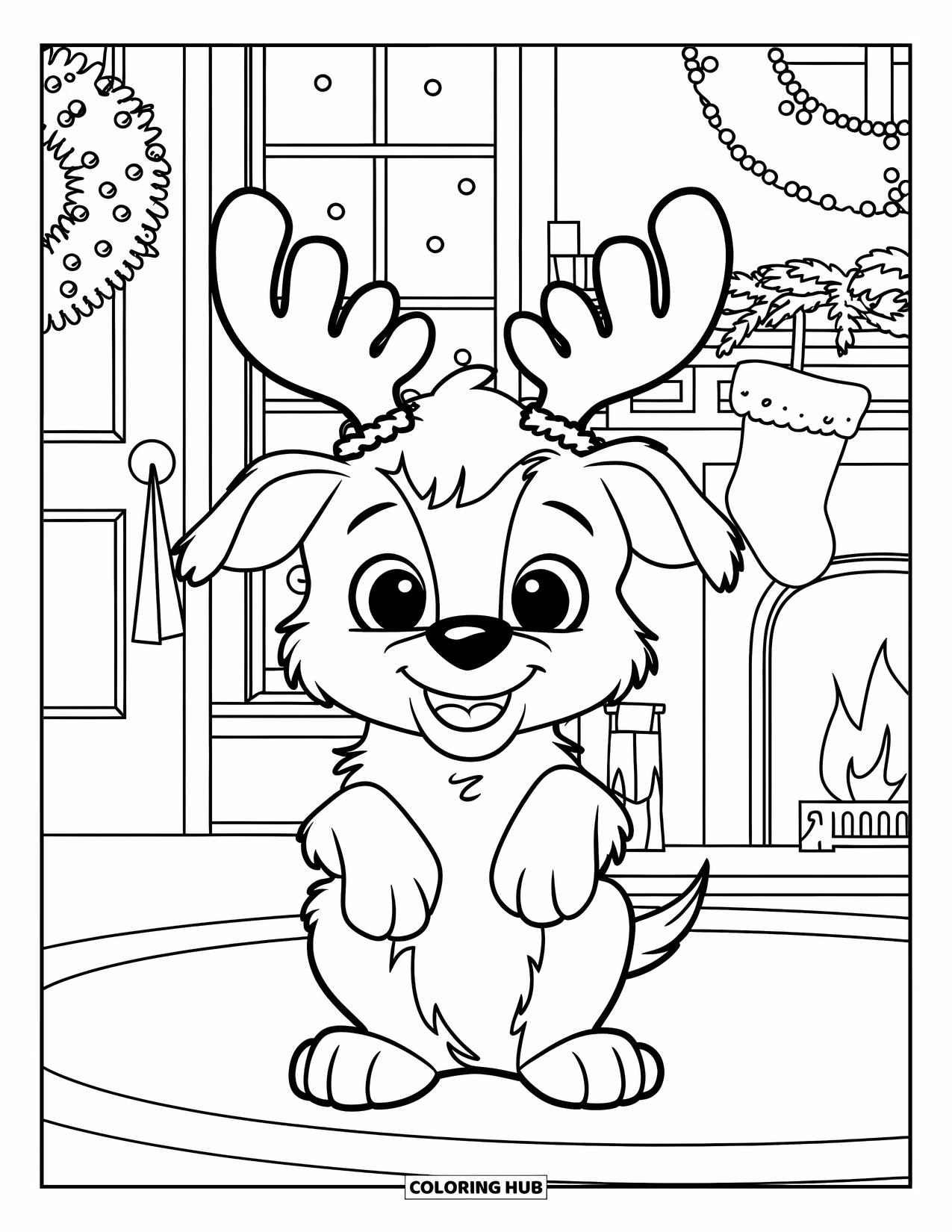 Christmas Puppy Coloring Page for Kids: A puppy in antlers poses on a rug near a snowy window