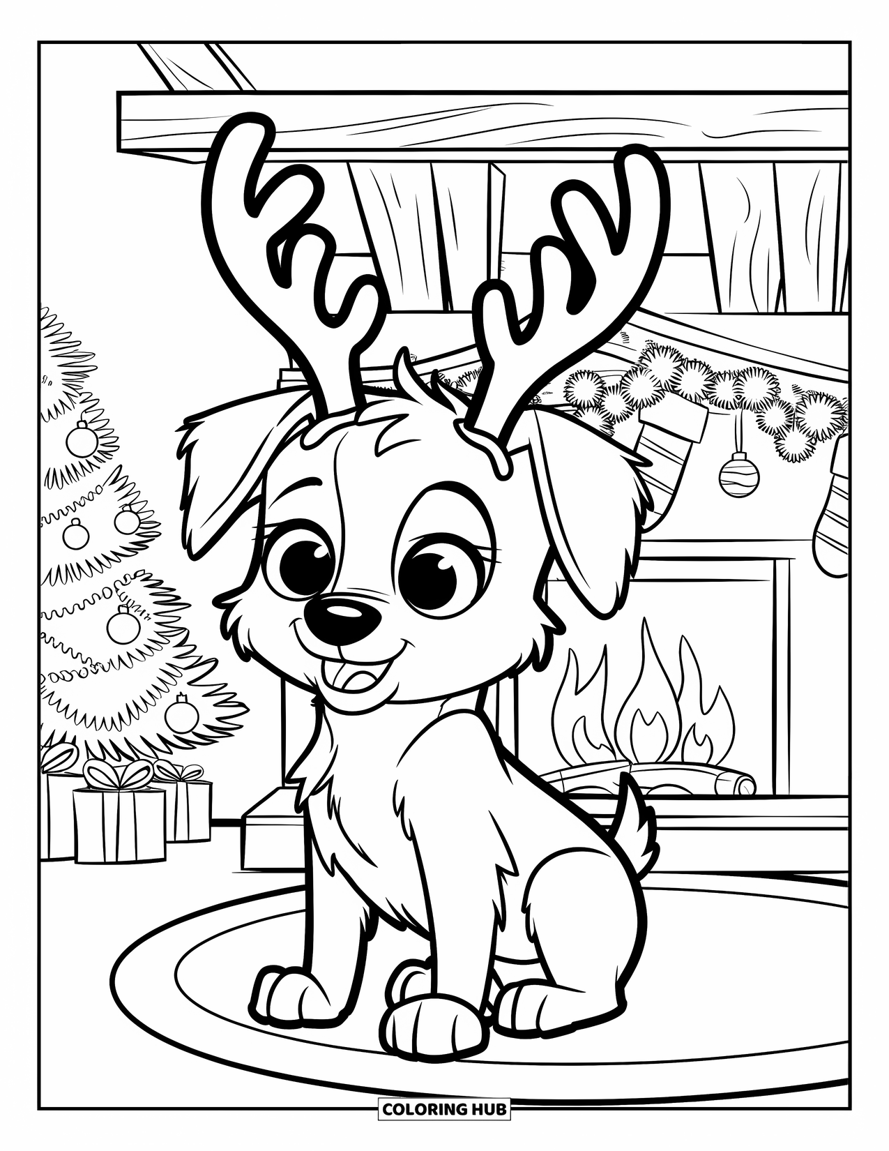 Christmas Puppy Coloring Page for Kids: A puppy in reindeer antlers sits proudly in front of a fireplace