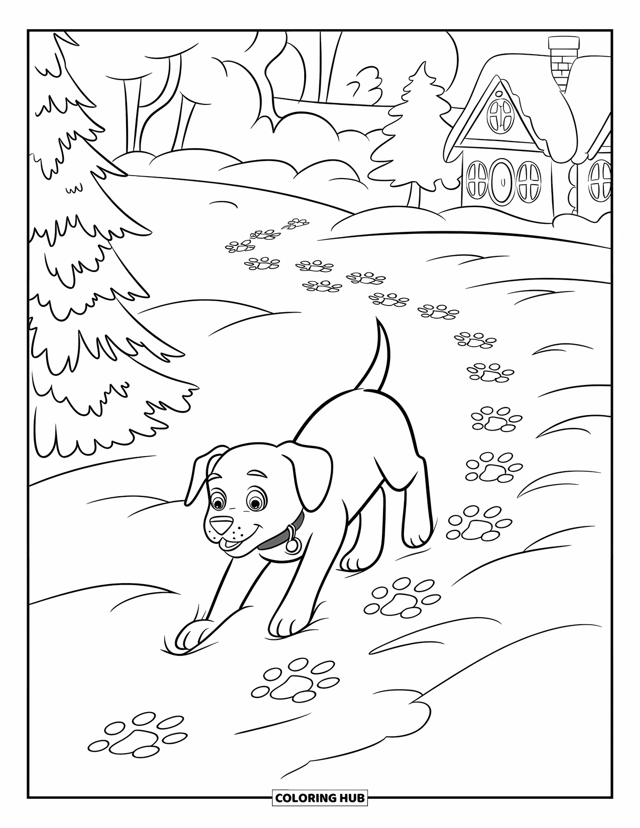 Christmas Puppy Coloring Page for Kids: A puppy in the snow leaves tracks near a tree and house