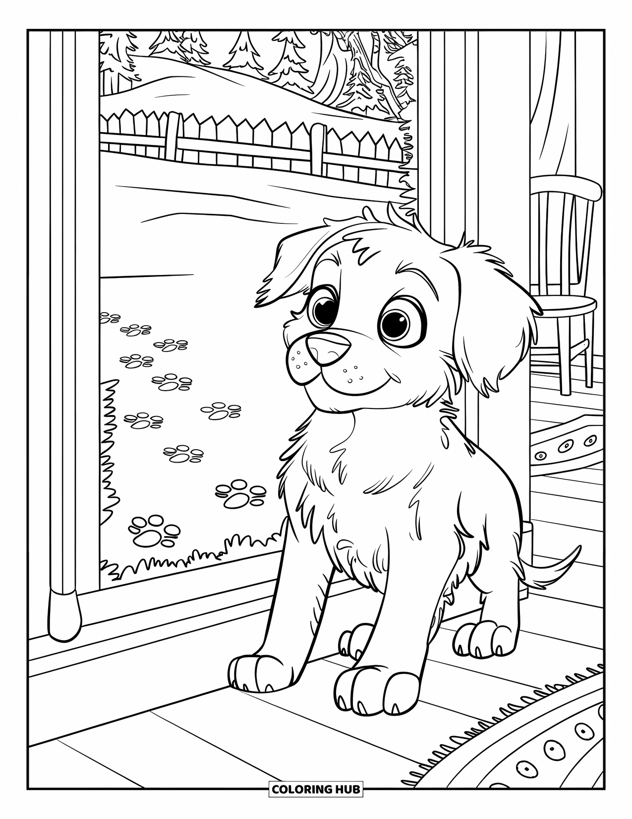 Christmas Puppy Coloring Page for Kids: A puppy leaves pawprints while gazing out a frosty winter window