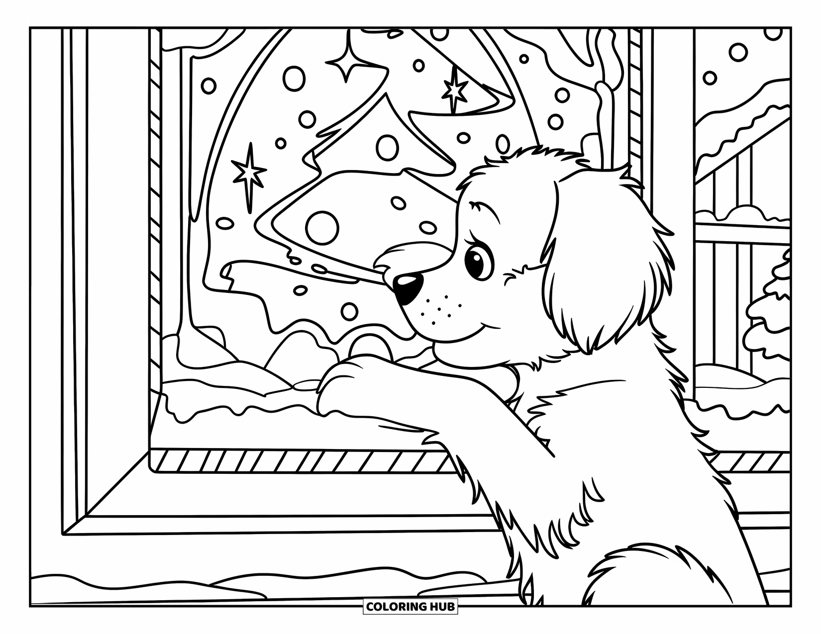 Christmas Puppy Coloring Page for Kids: A puppy looks out a frosted window at snowy trees and buildings