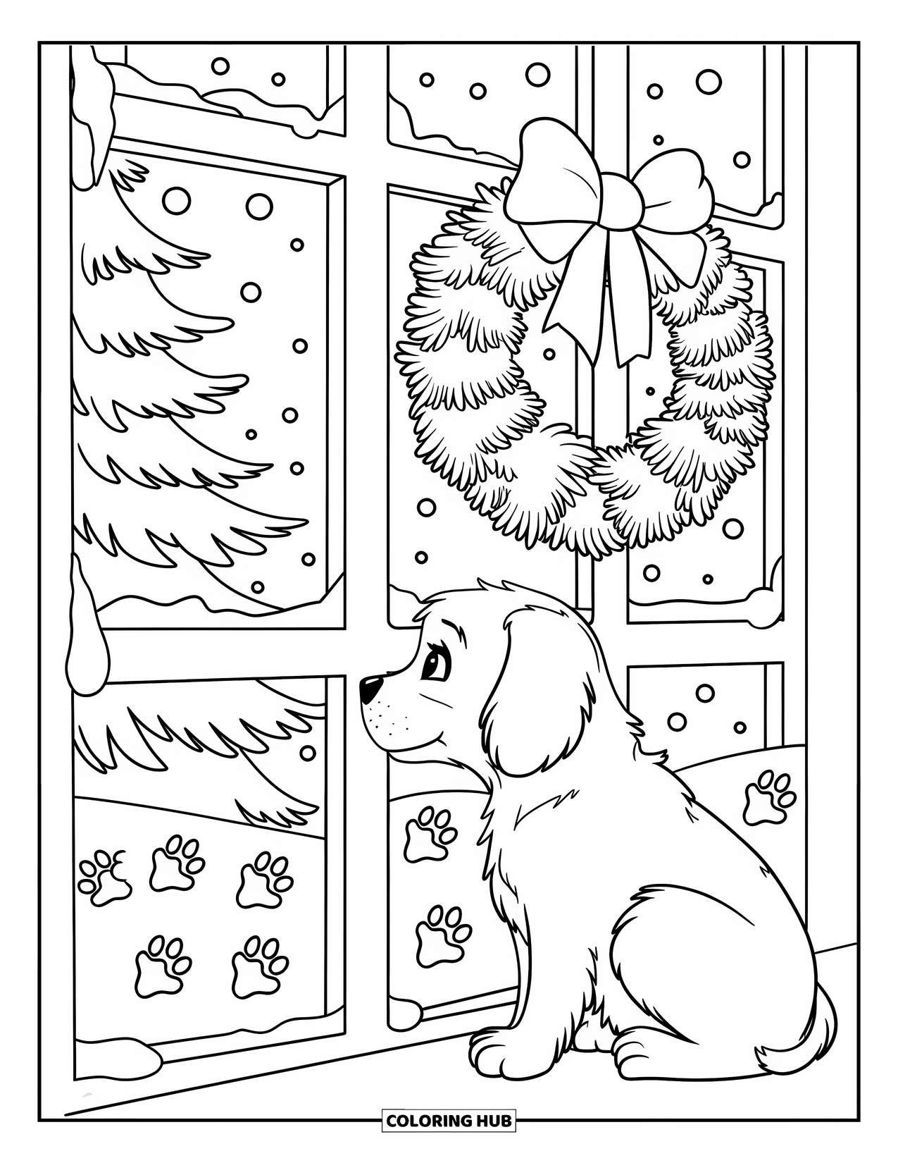 Christmas Puppy Coloring Page for Kids: A puppy looks out a snowy window with pawprints and a wreath