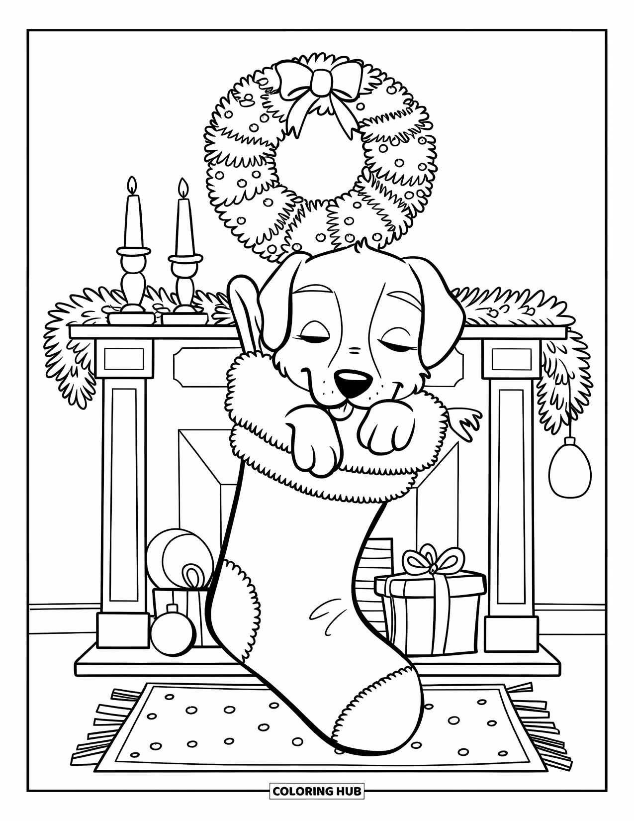 Christmas Puppy Coloring Page for Kids: A puppy naps in a stocking hung near a fireplace with candles