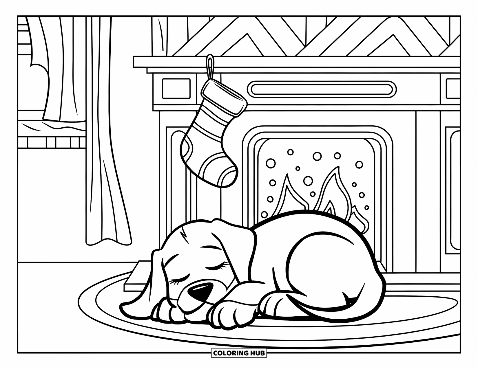 Christmas Puppy Coloring Page for Kids: A puppy naps on a rug by a warm, decorated fireplace
