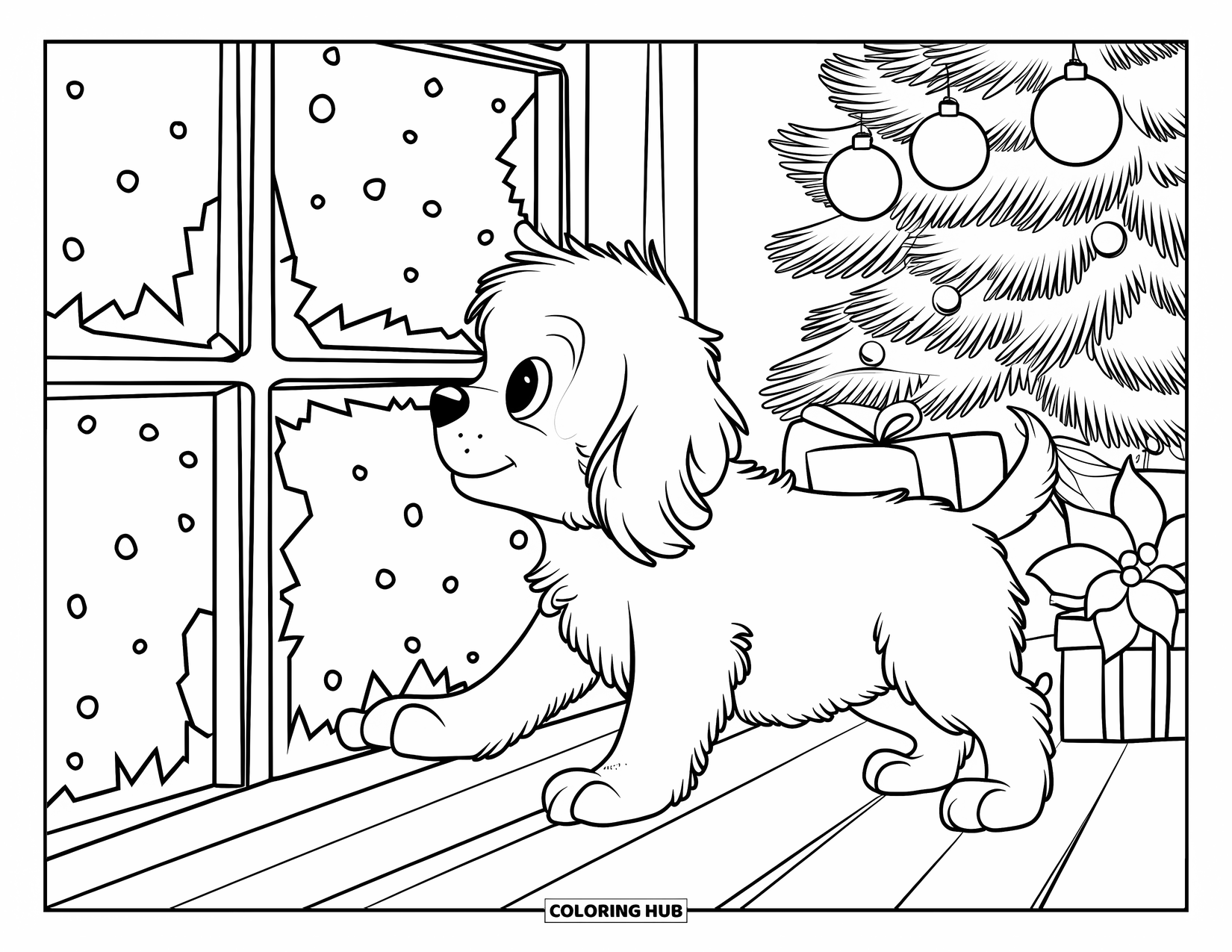 Christmas Puppy Coloring Page for Kids: A puppy peers through a frosty window beside a Christmas tree