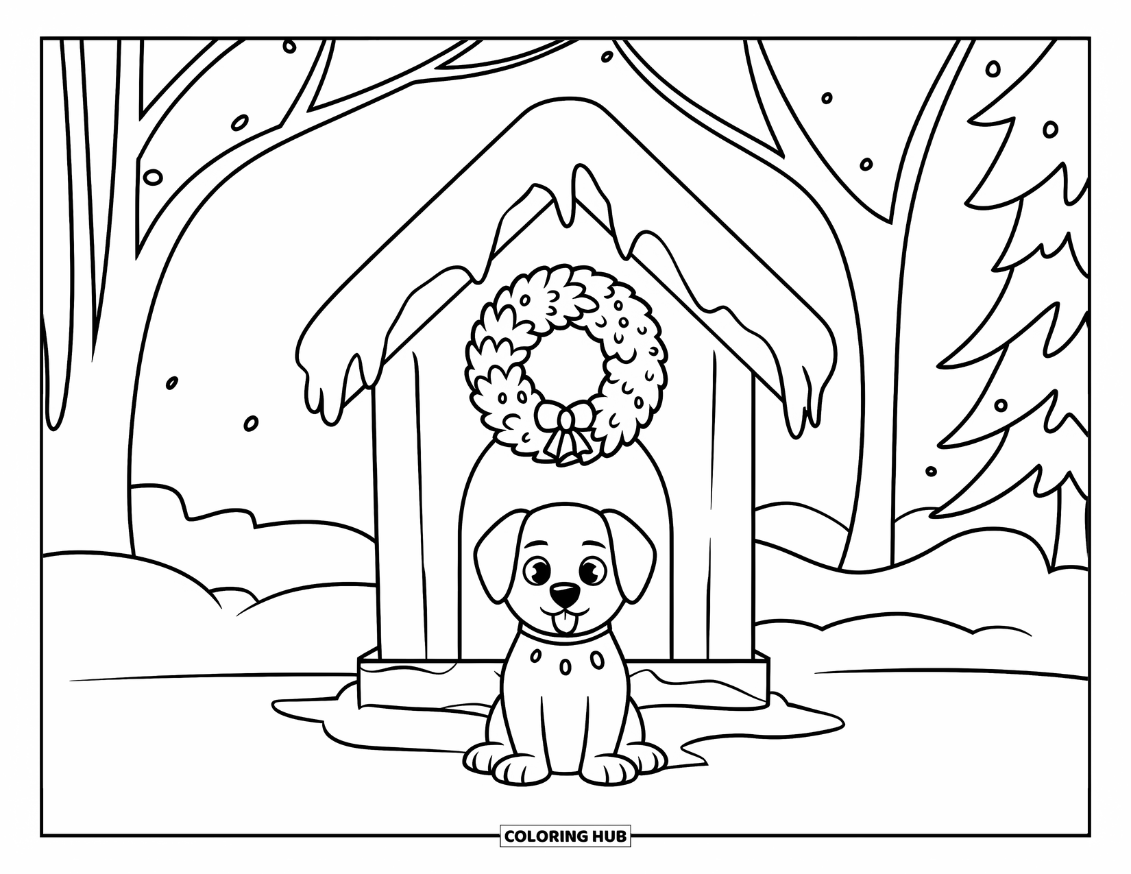Christmas Puppy Coloring Page for Kids: A puppy poses in front of a snow-covered doghouse in winter