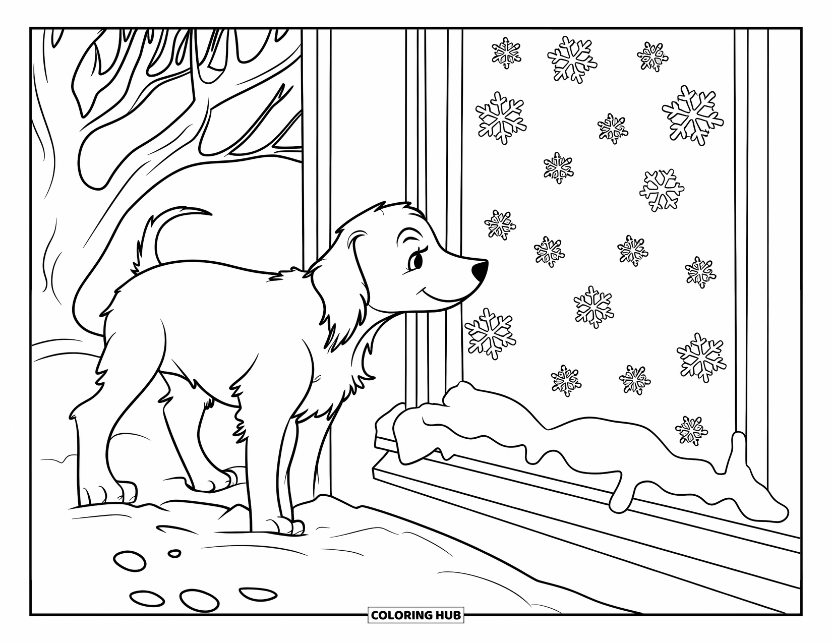 Christmas Puppy Coloring Page for Kids: A puppy presses its nose to a frosted window, watching snow fall