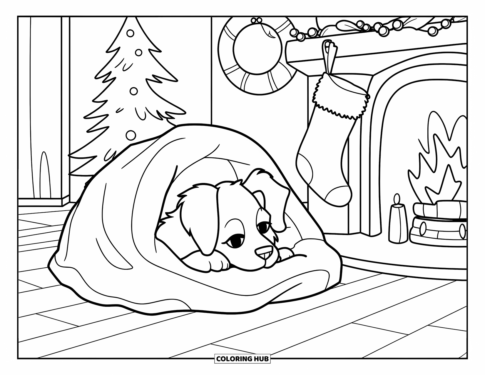 Christmas Puppy Coloring Page for Kids: A puppy rests in a blanket near a holiday tree and wreath