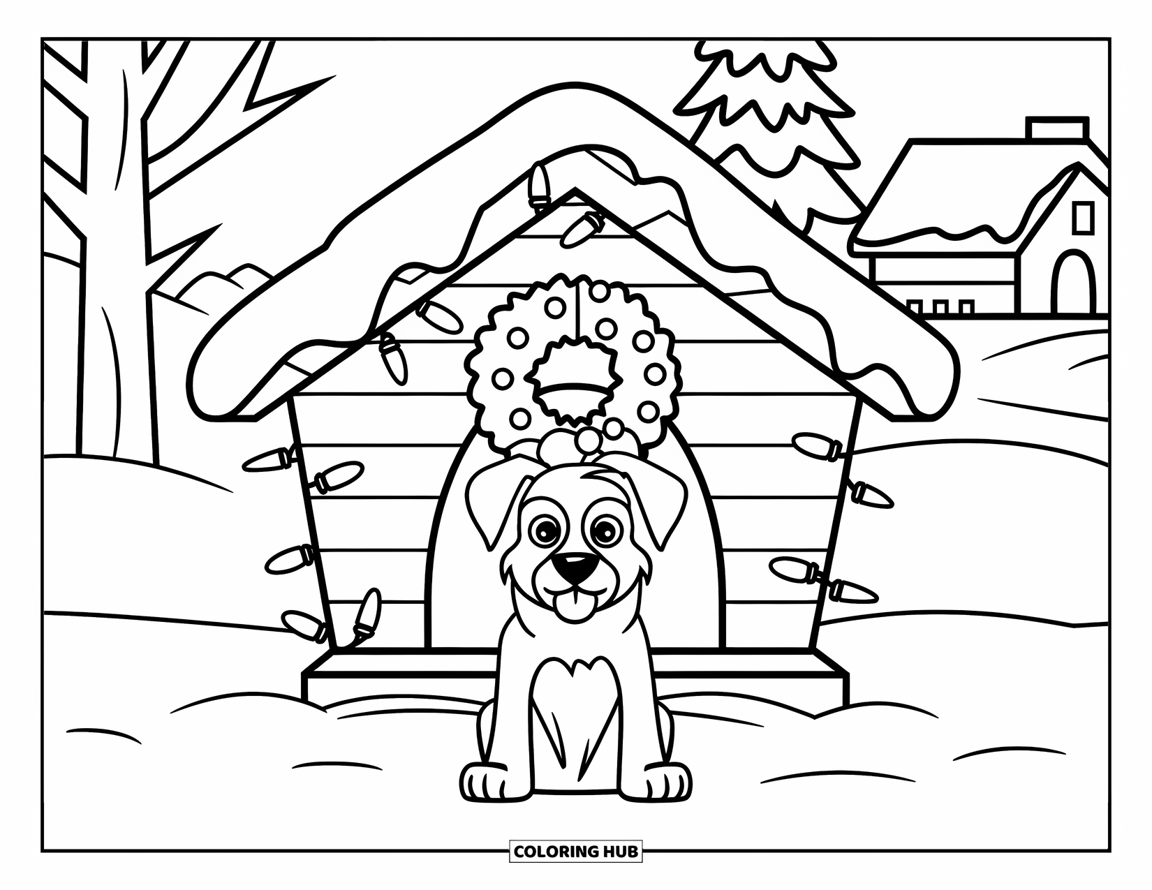 Christmas Puppy Coloring Page for Kids: A puppy rests near a decorated doghouse wrapped with Christmas lights