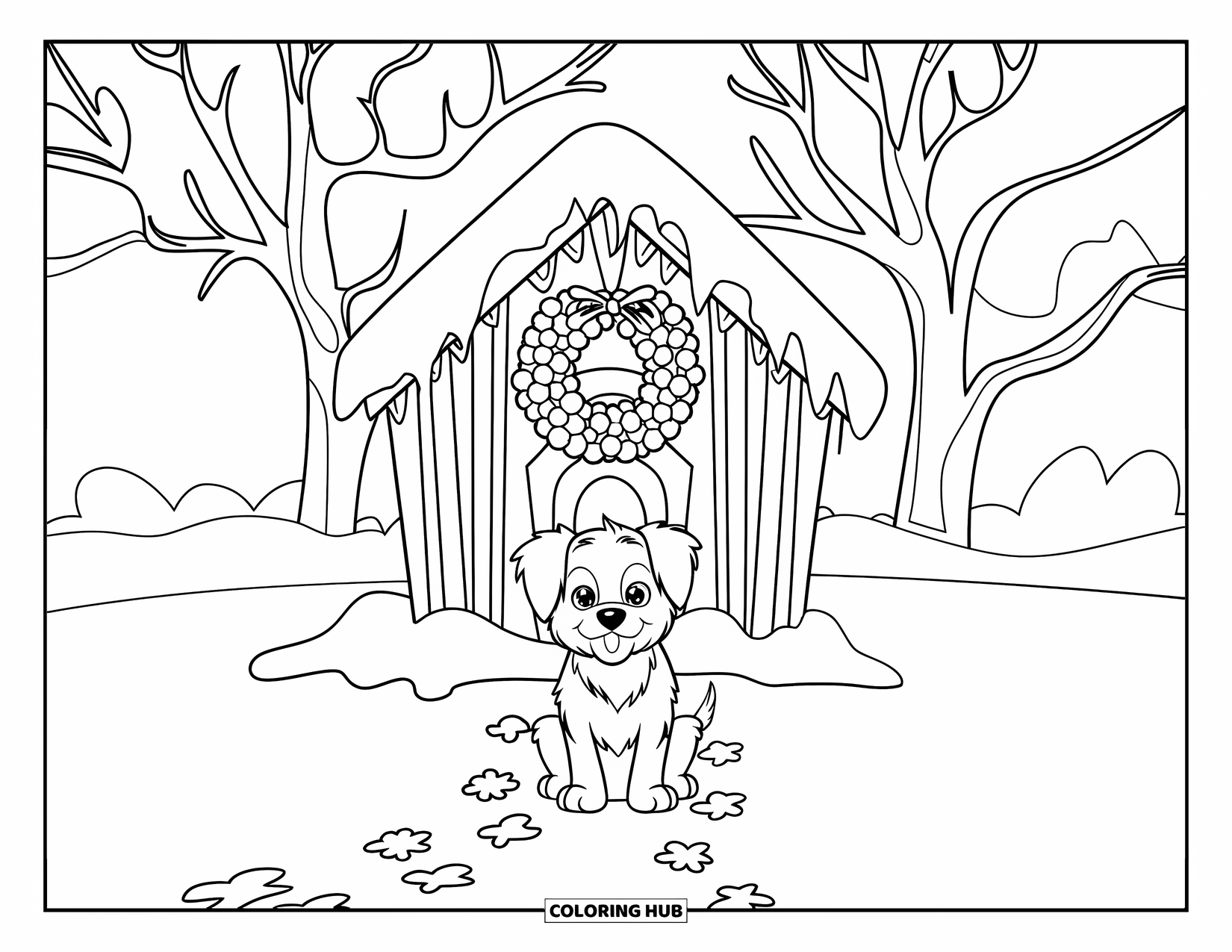 Christmas Puppy Coloring Page for Kids: A puppy sits in front of a snowy doghouse with a wreath