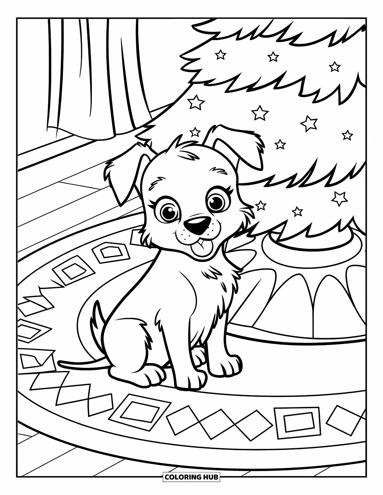 Christmas Puppy Coloring Page for Kids: A puppy sits on a patterned rug by a golden star tree skirt