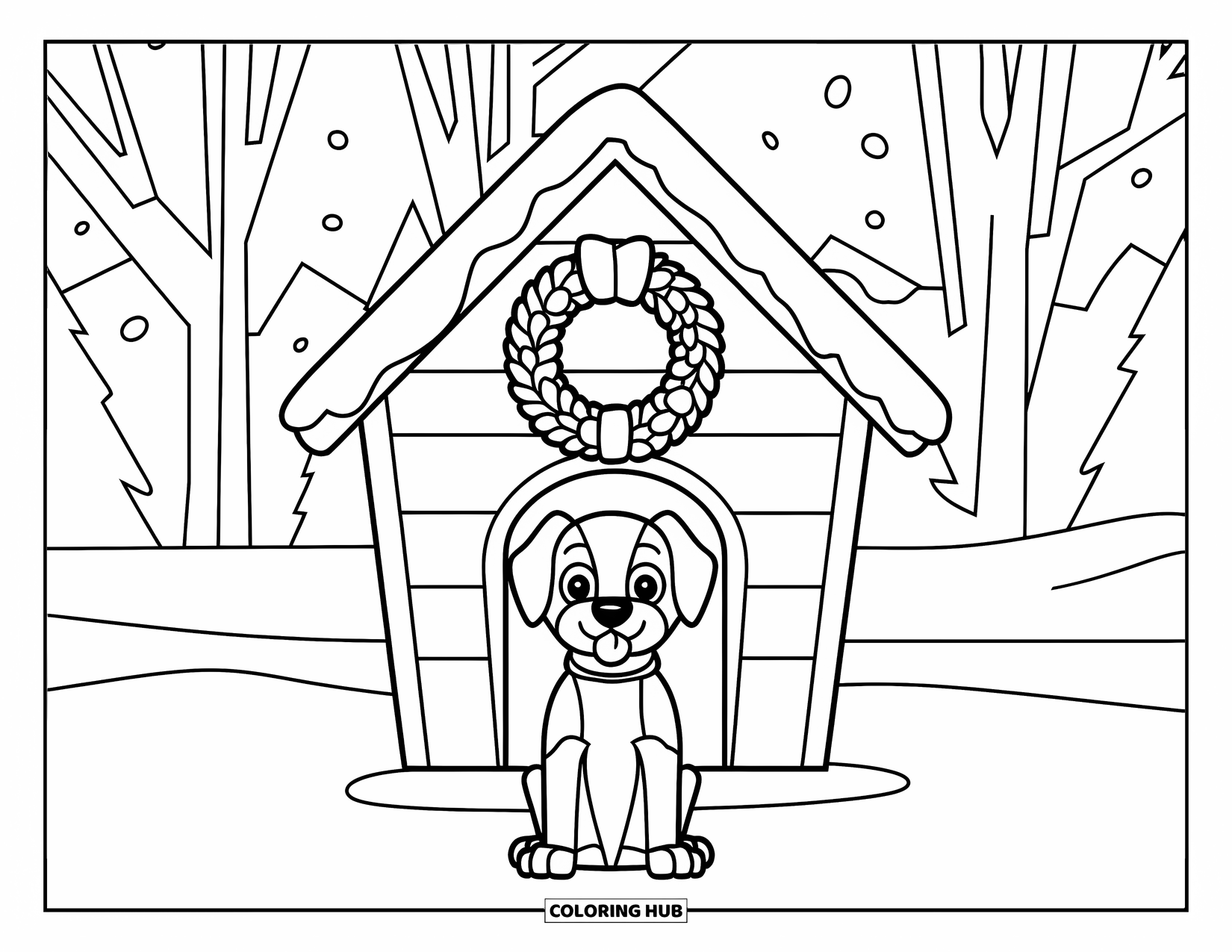 Christmas Puppy Coloring Page for Kids: A puppy sits outside a snow-covered doghouse with a wreath