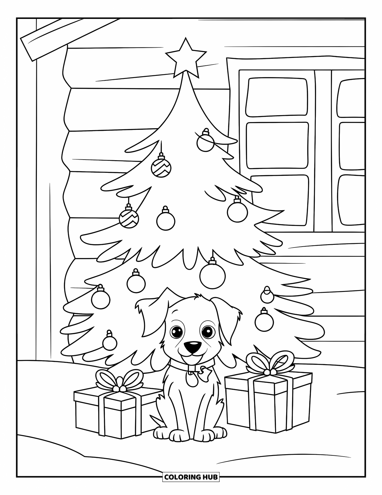 Christmas Puppy Coloring Page for Kids: A puppy sits under a tree with snow and a cozy cabin nearby
