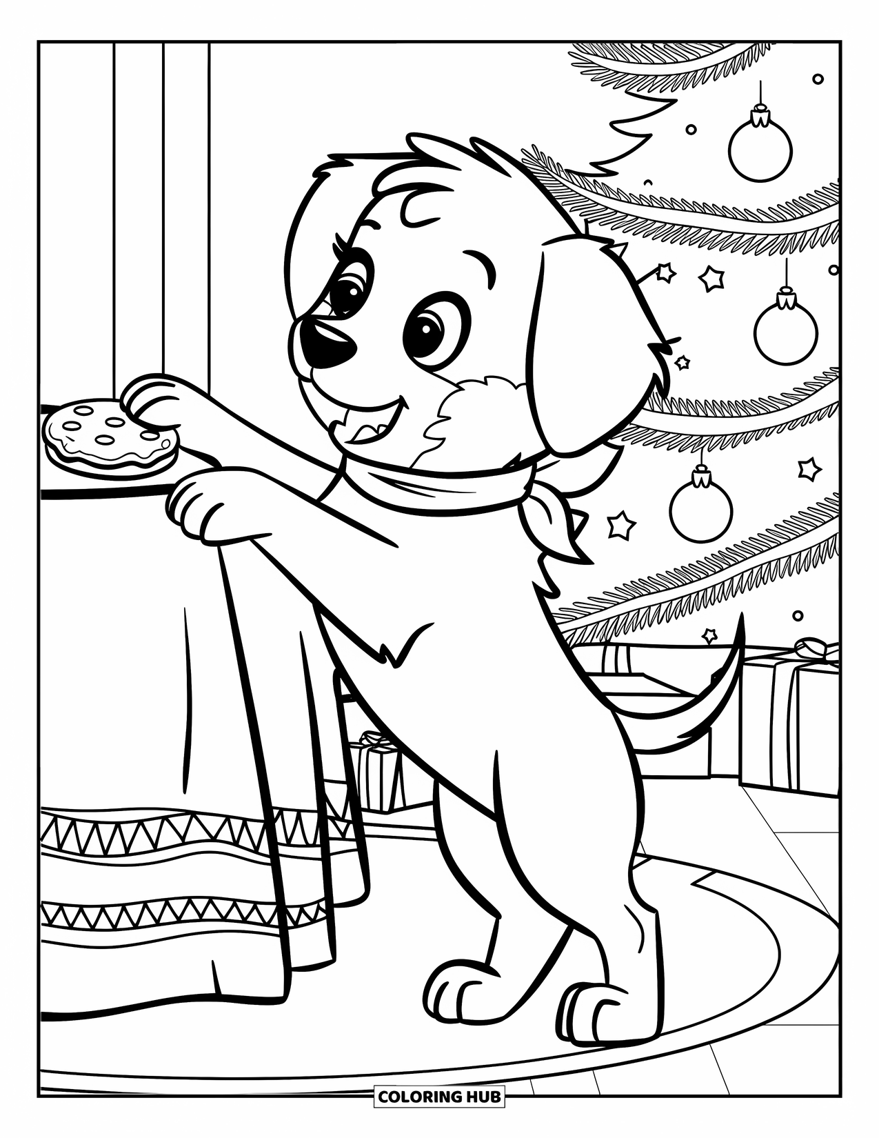 Christmas Puppy Coloring Page for Kids: A puppy stretches to grab a cookie from a decorated table