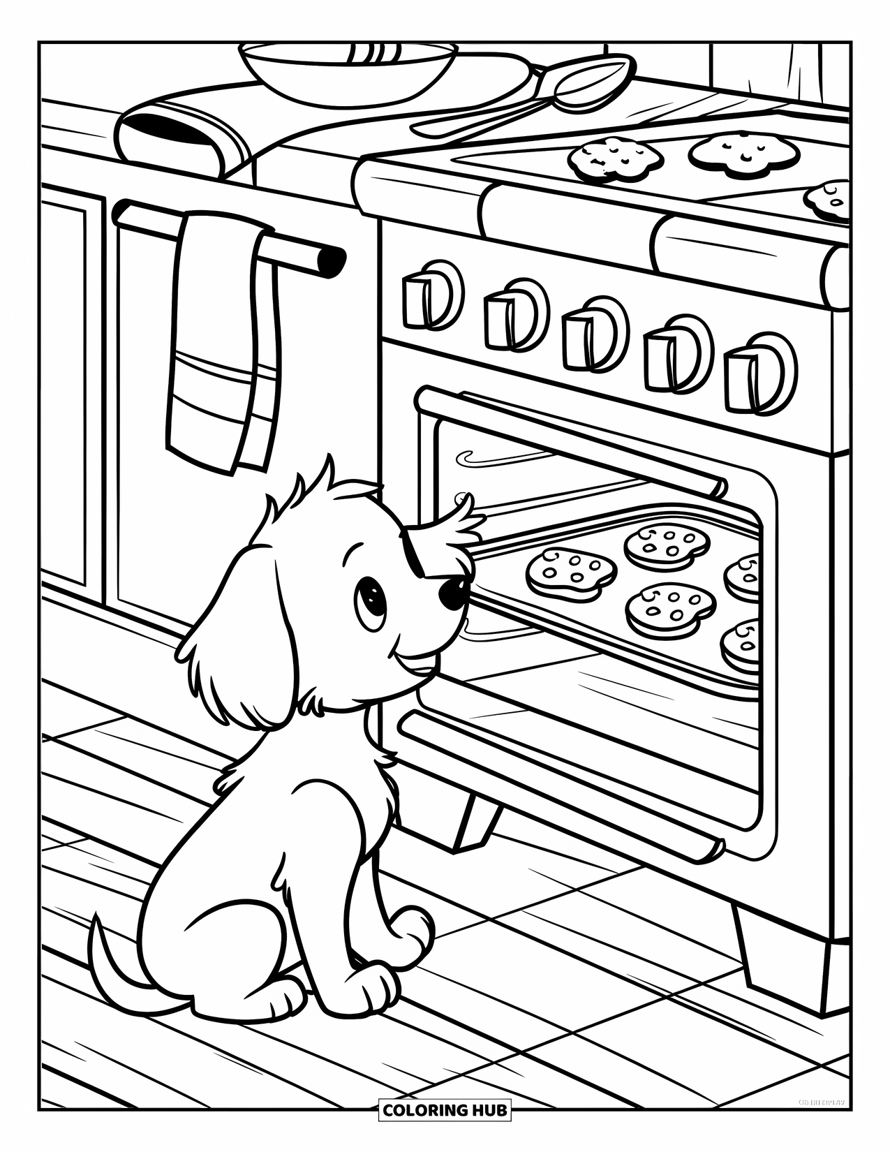 Christmas Puppy Coloring Page for Kids: A puppy watches gingerbread cookies bake inside a cozy oven