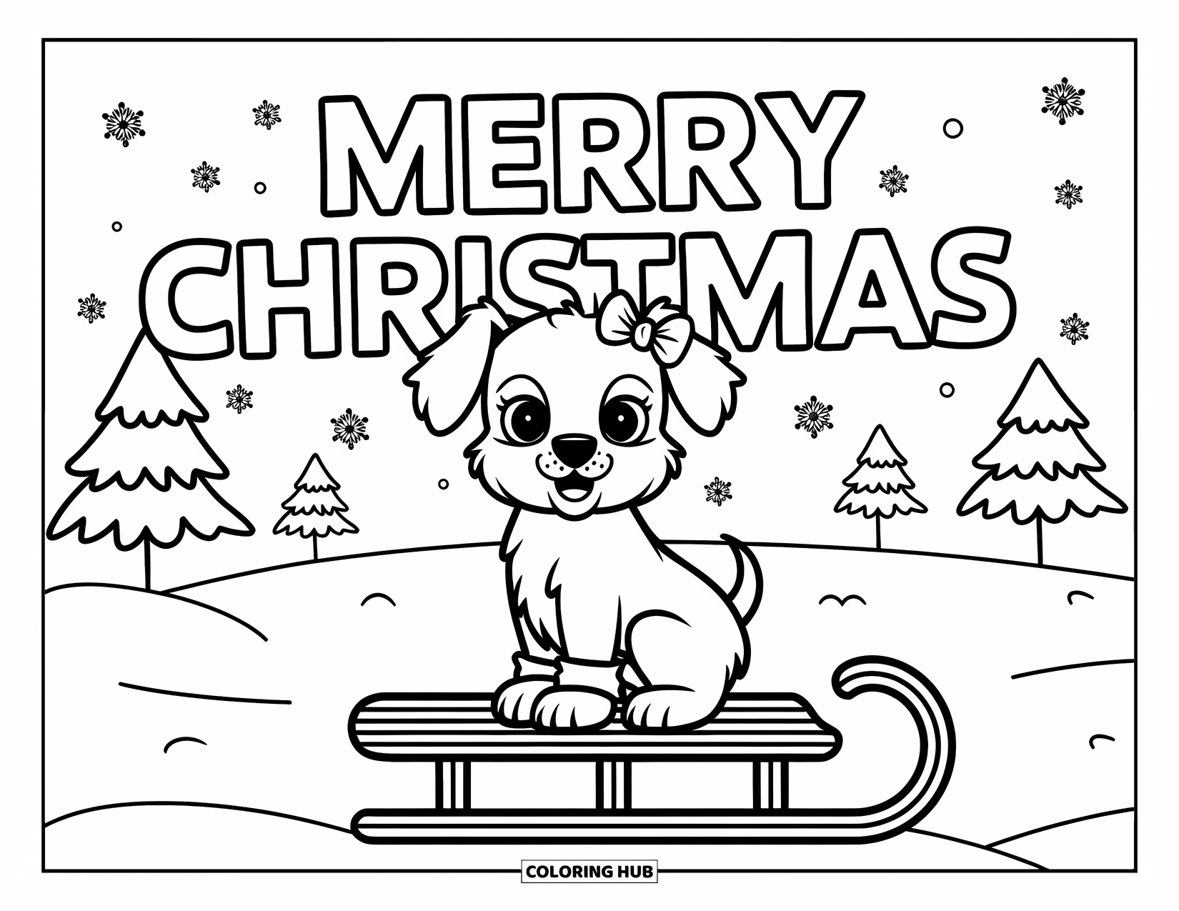 Christmas Puppy Coloring Page for Kids: A puppy with a bow sits on a sled under snowy skies
