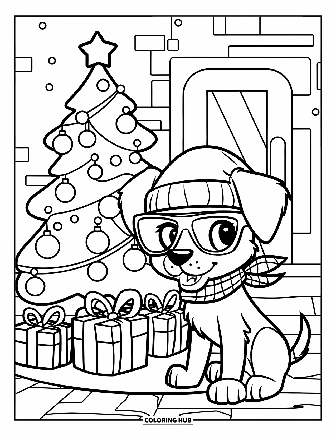 Christmas Puppy Coloring Page for Kids: A puppy with shades and scarf sits beside a festive tree