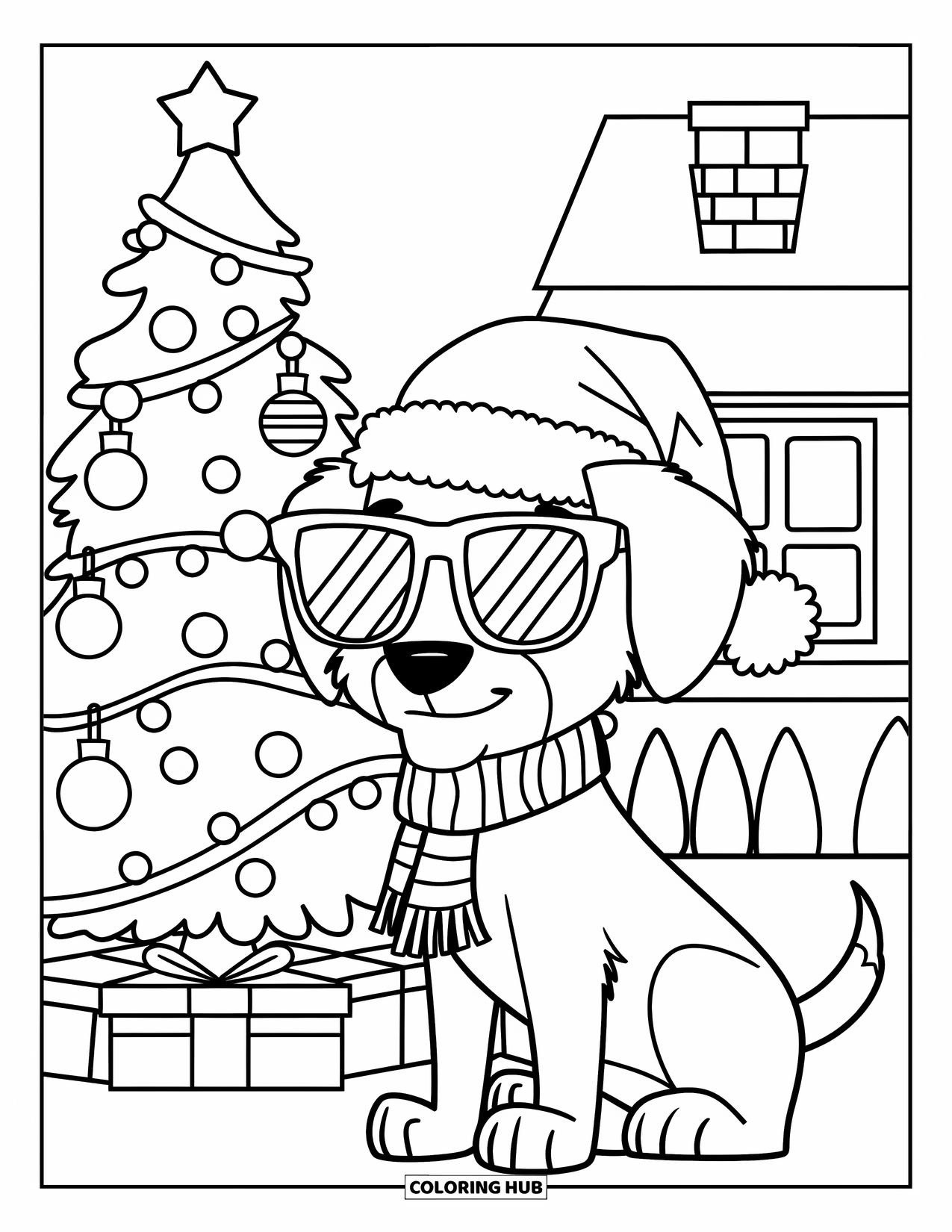 Christmas Puppy Coloring Page for Kids: A scarfed puppy in shades rests by a glowing Christmas tree