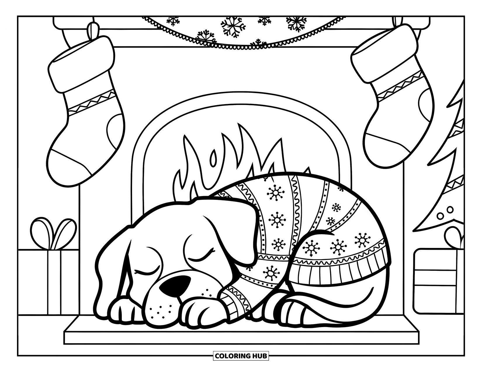 Christmas Puppy Coloring Page for Kids: A sleepy puppy in a sweater curls up near a glowing fireplace