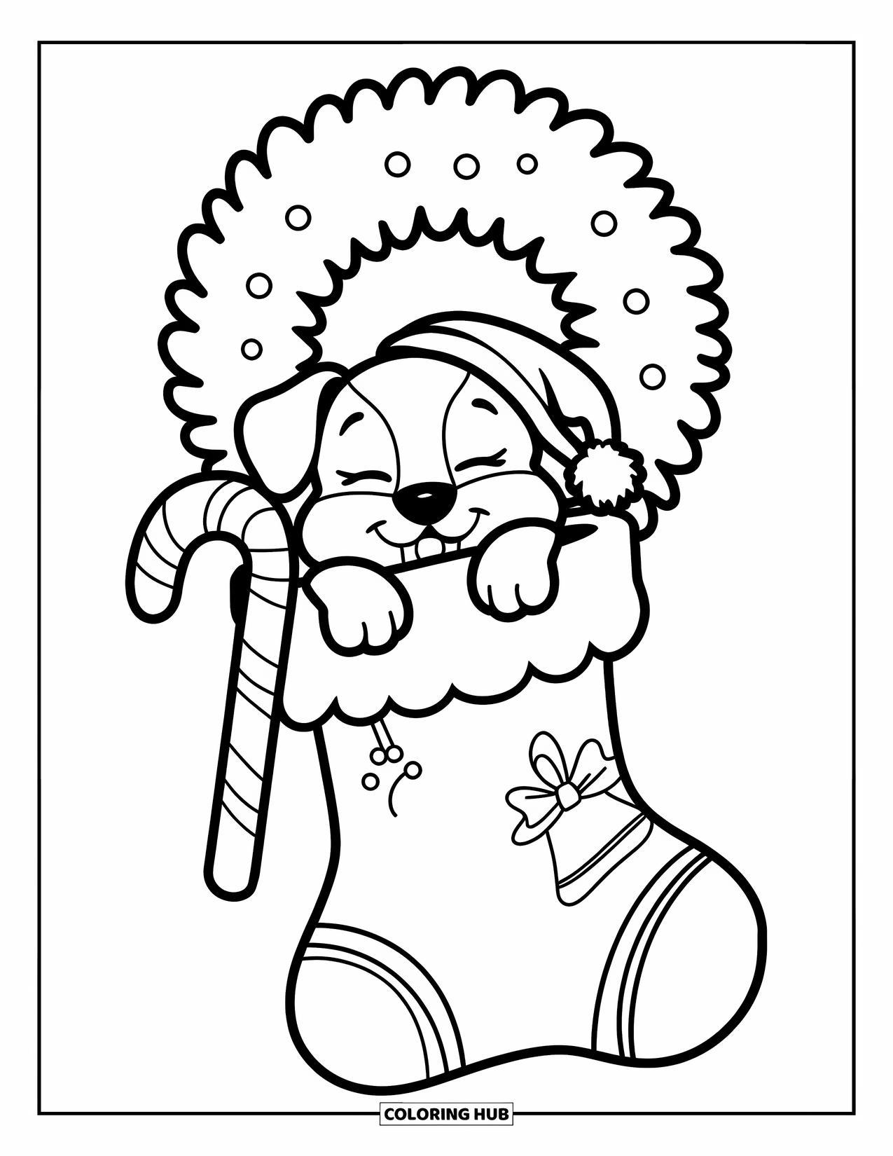 Christmas Puppy Coloring Page for Kids: A sleepy puppy nestles inside a stocking with candy canes nearby