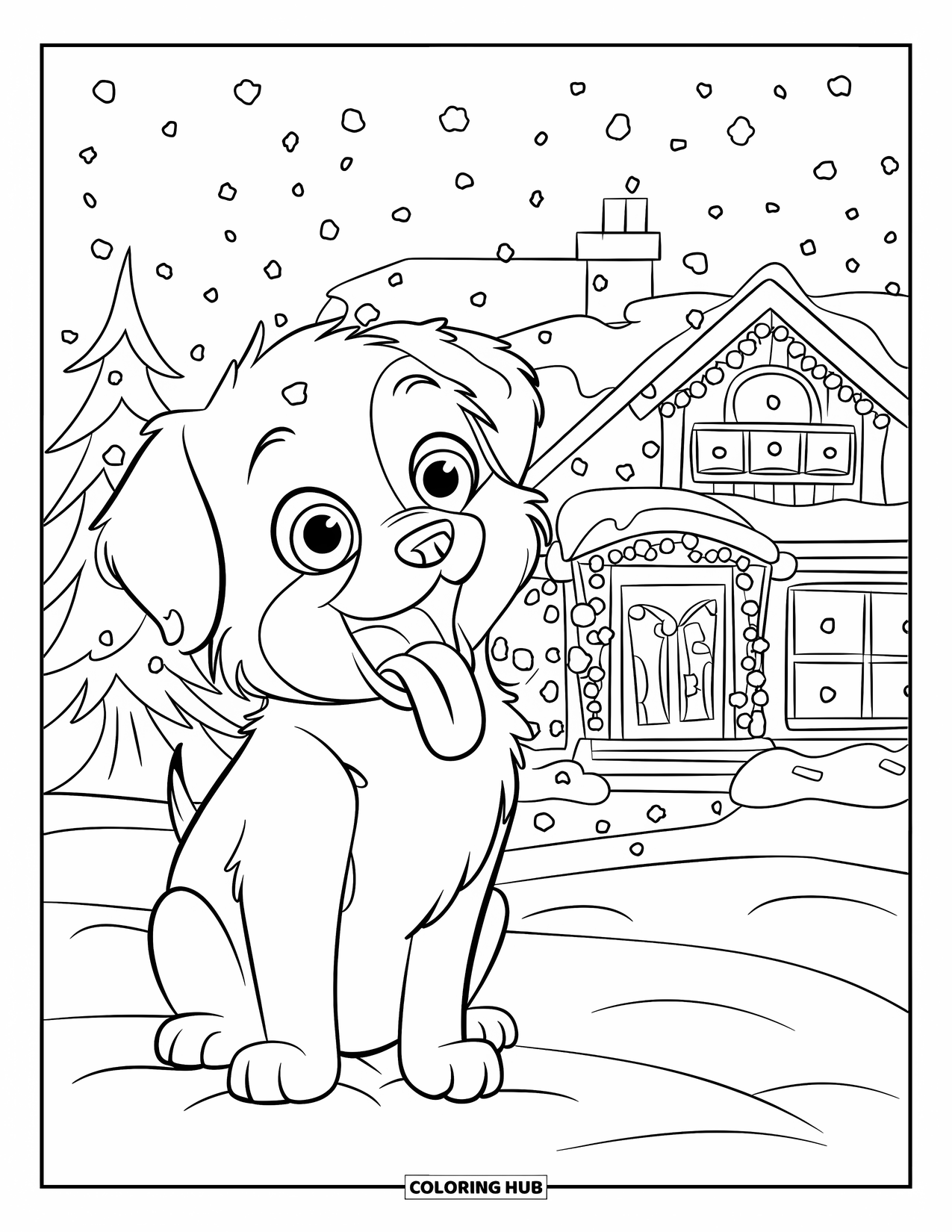 Christmas Puppy Coloring Page for Kids: A wide-eyed puppy catches snowflakes near a house decorated with lights
