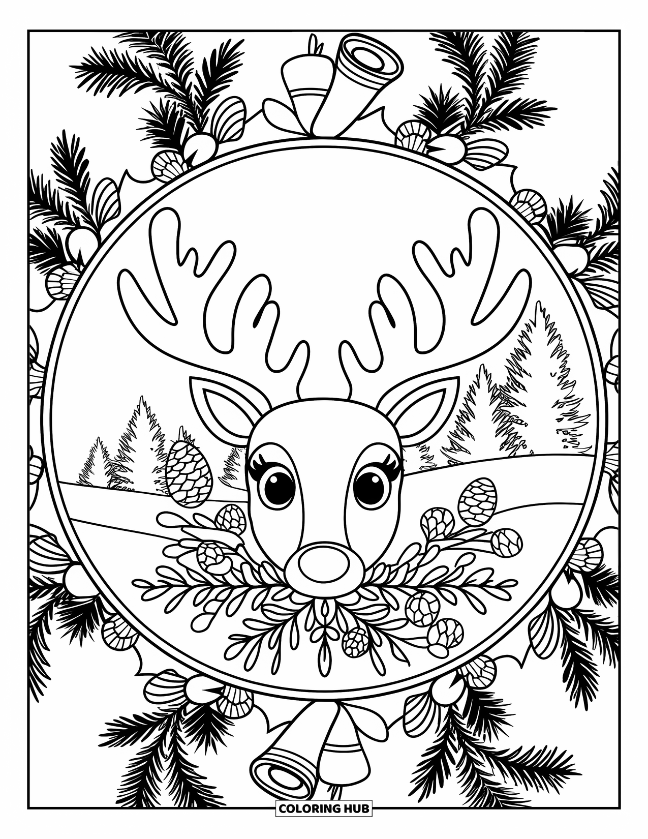 Christmas Reindeer Coloring Page for Adults: A reindeer face is framed by a mandala of pinecones and bells