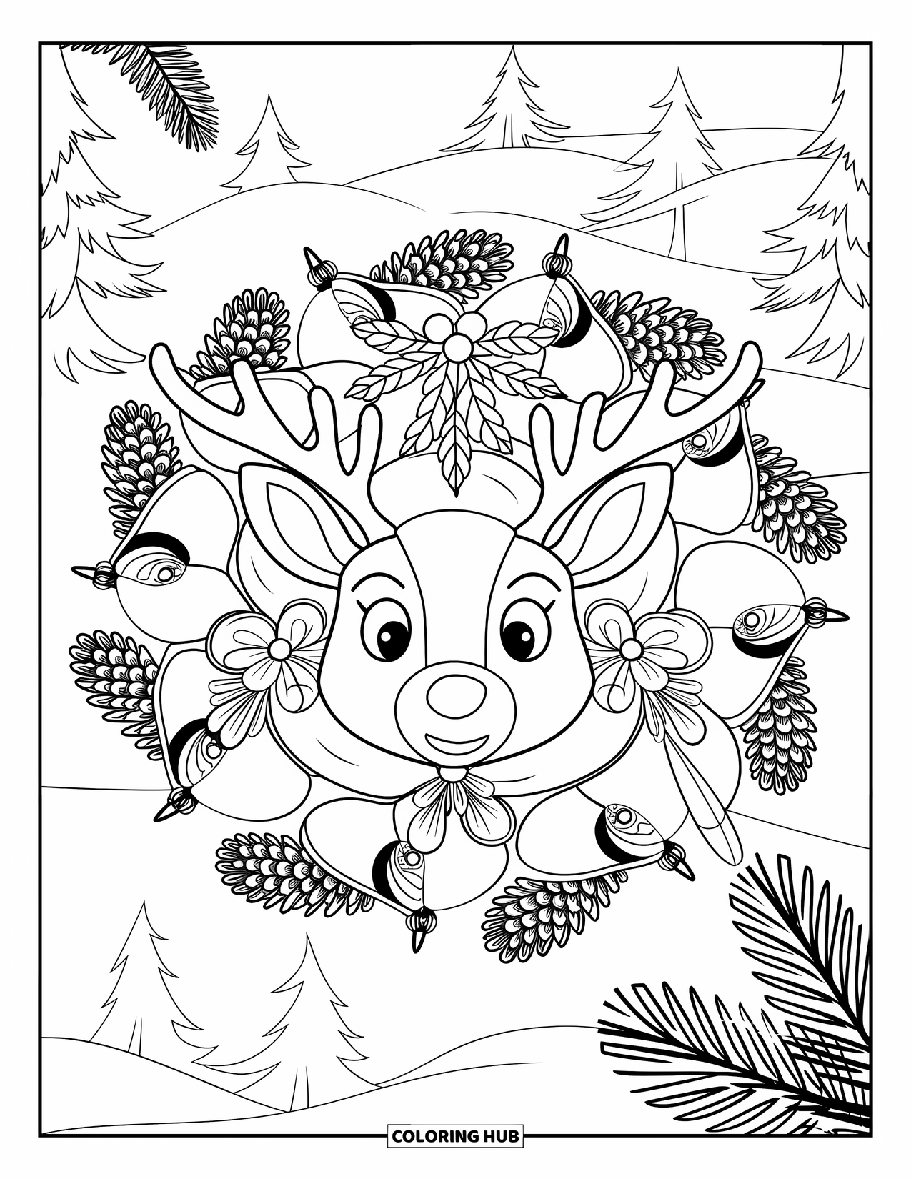 Christmas Reindeer Coloring Page for Adults: A reindeer face rests inside a mandala of mistletoe, bells, and pinecones