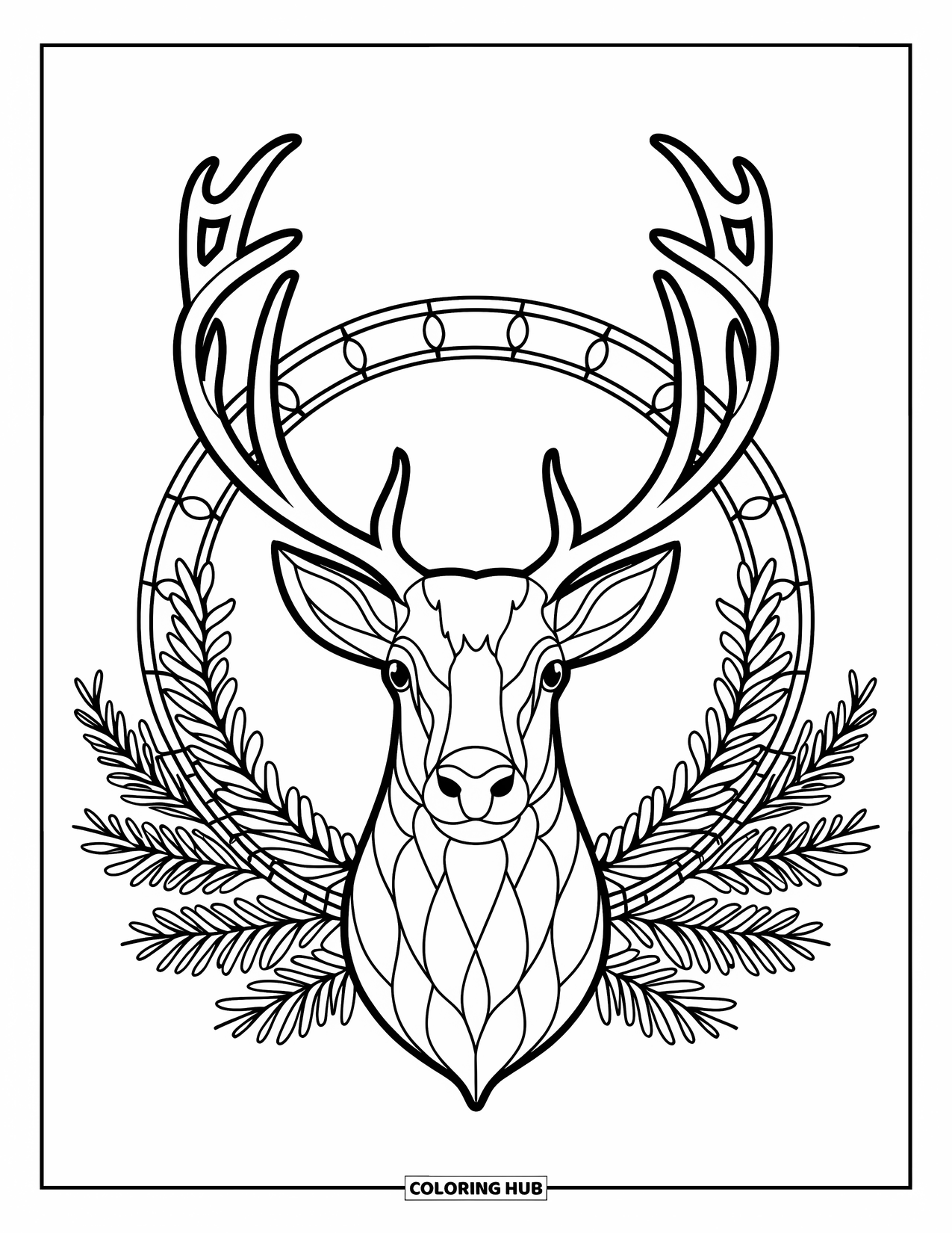 Christmas Reindeer Coloring Page for Adults: A reindeer head with antlers is framed by a stained-glass evergreen circle