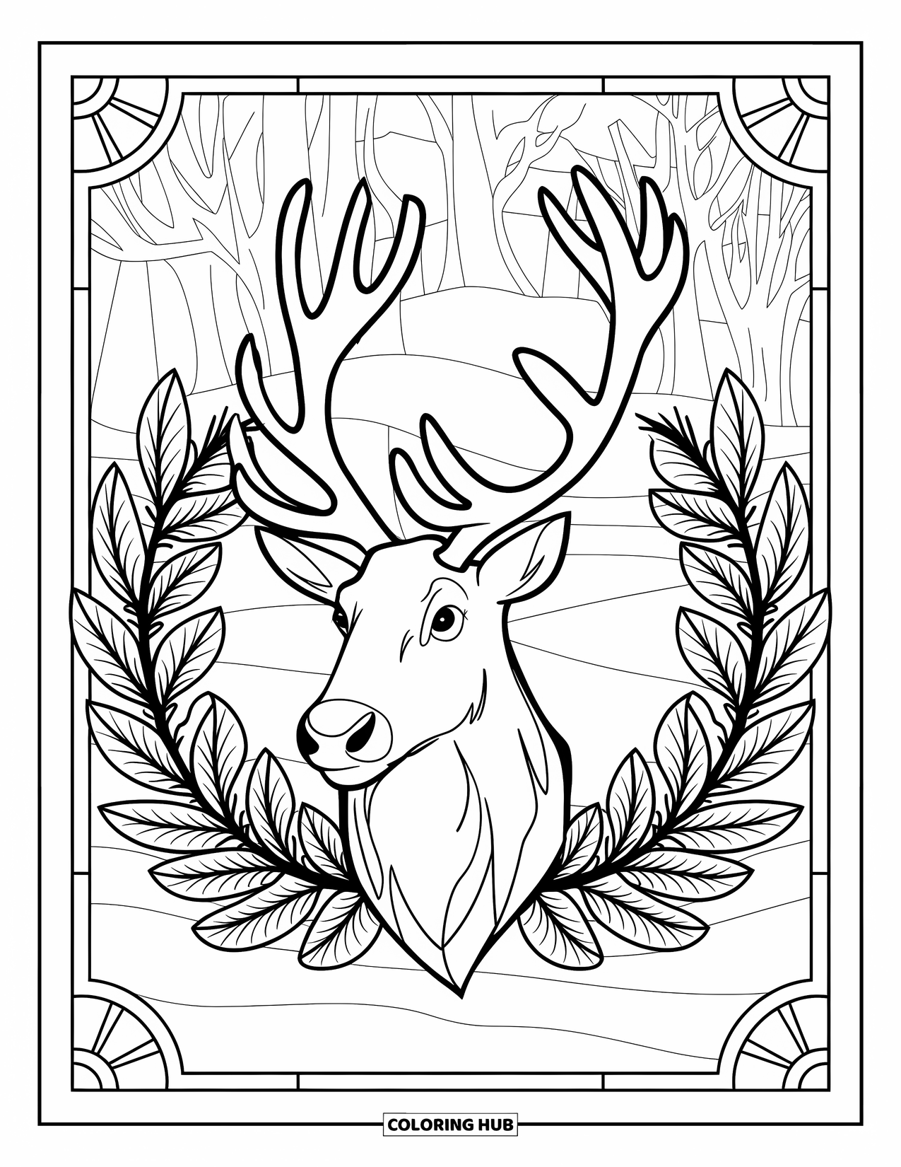 Christmas Reindeer Coloring Page for Adults: A reindeer head with antlers rests inside a stained-glass evergreen circle