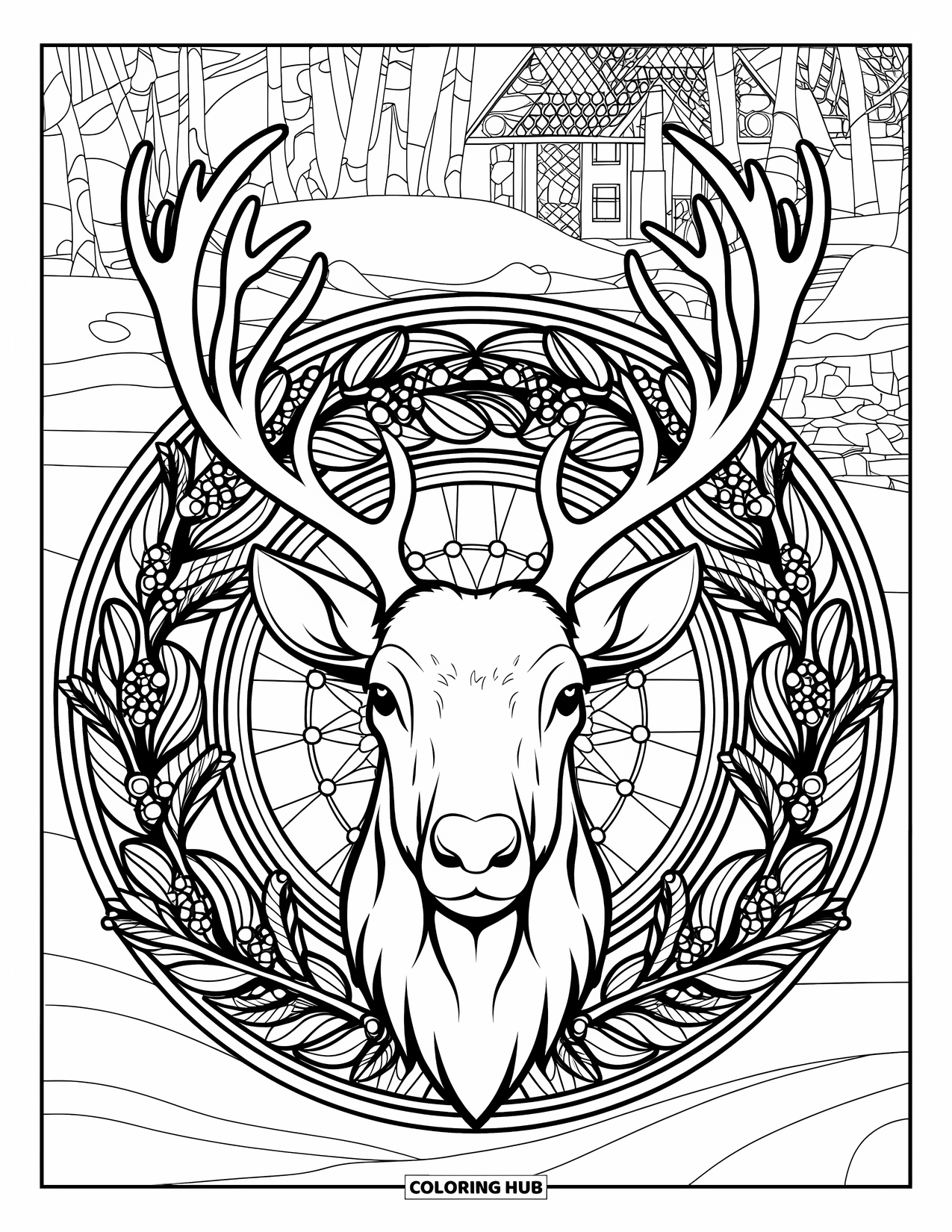 Christmas Reindeer Coloring Page for Adults: A reindeer head with detailed antlers is framed by stained-glass branches