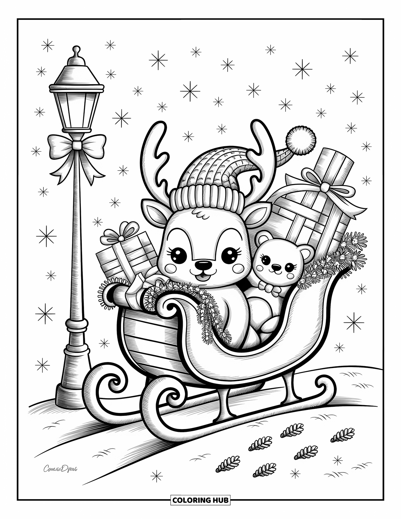Christmas Reindeer Coloring Page for Adults: A reindeer in a hat sits in a sleigh of presents near a glowing lamppost