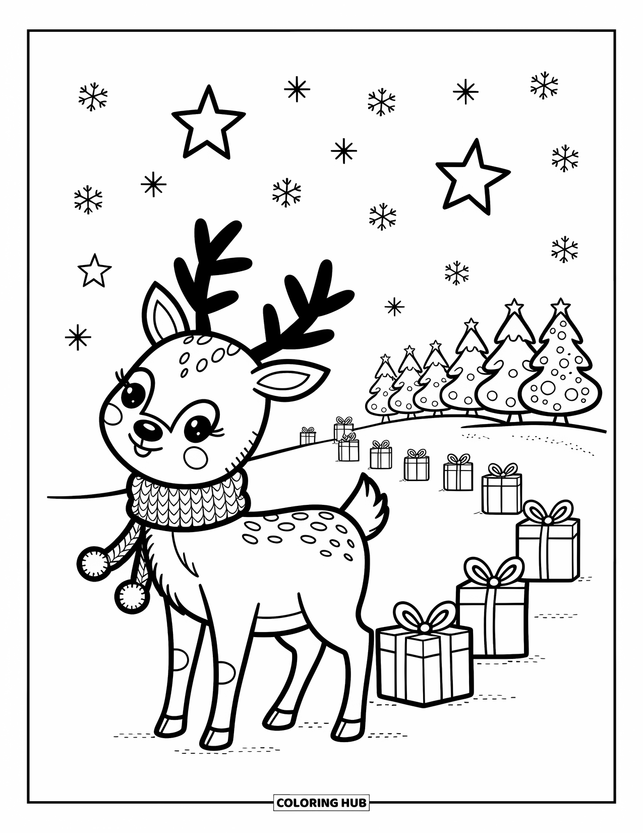 Christmas Reindeer Coloring Page for Adults: A reindeer in a pom-pom scarf looks up at stars and snow in a field