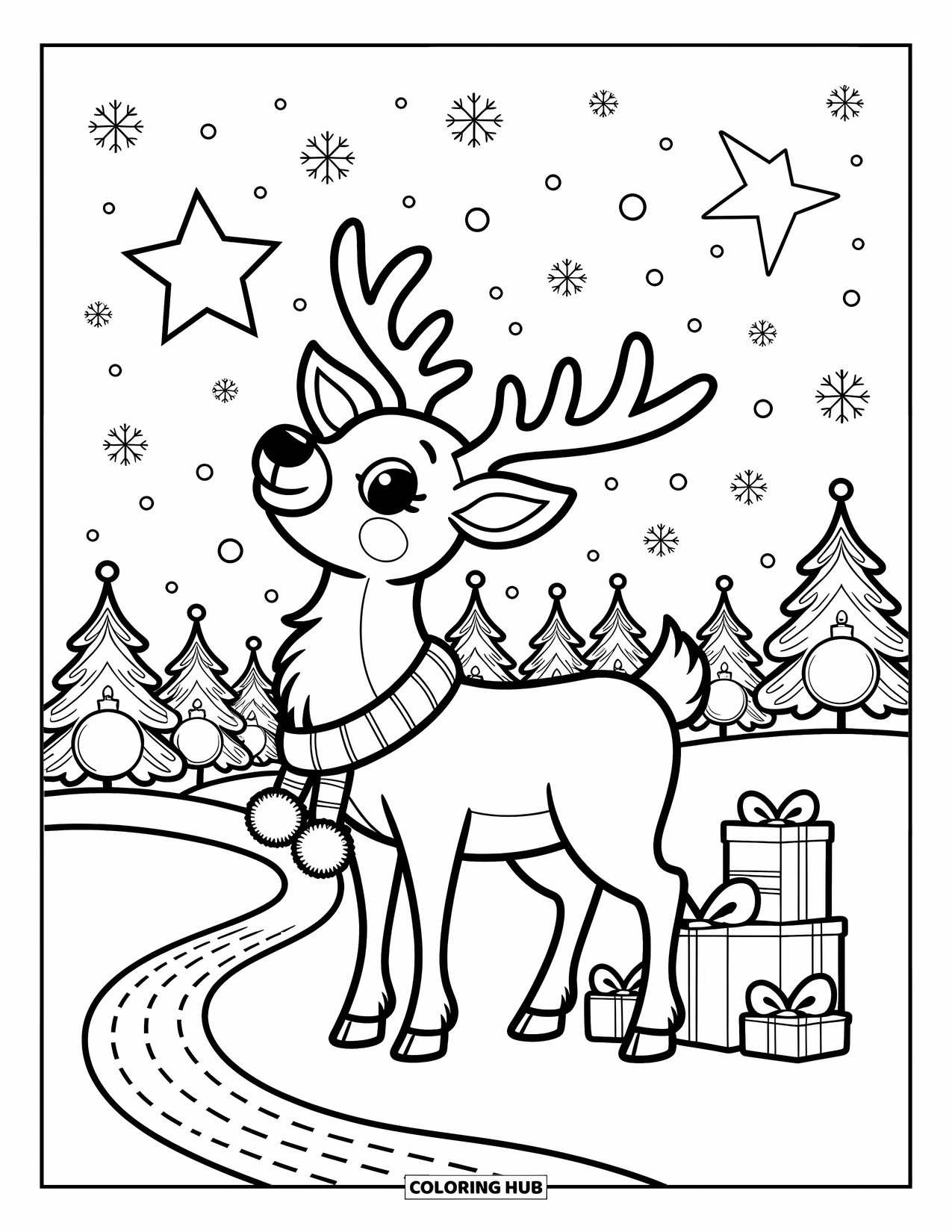 Christmas Reindeer Coloring Page for Adults: A reindeer in a scarf looks skyward at stars with gifts and snowy trees