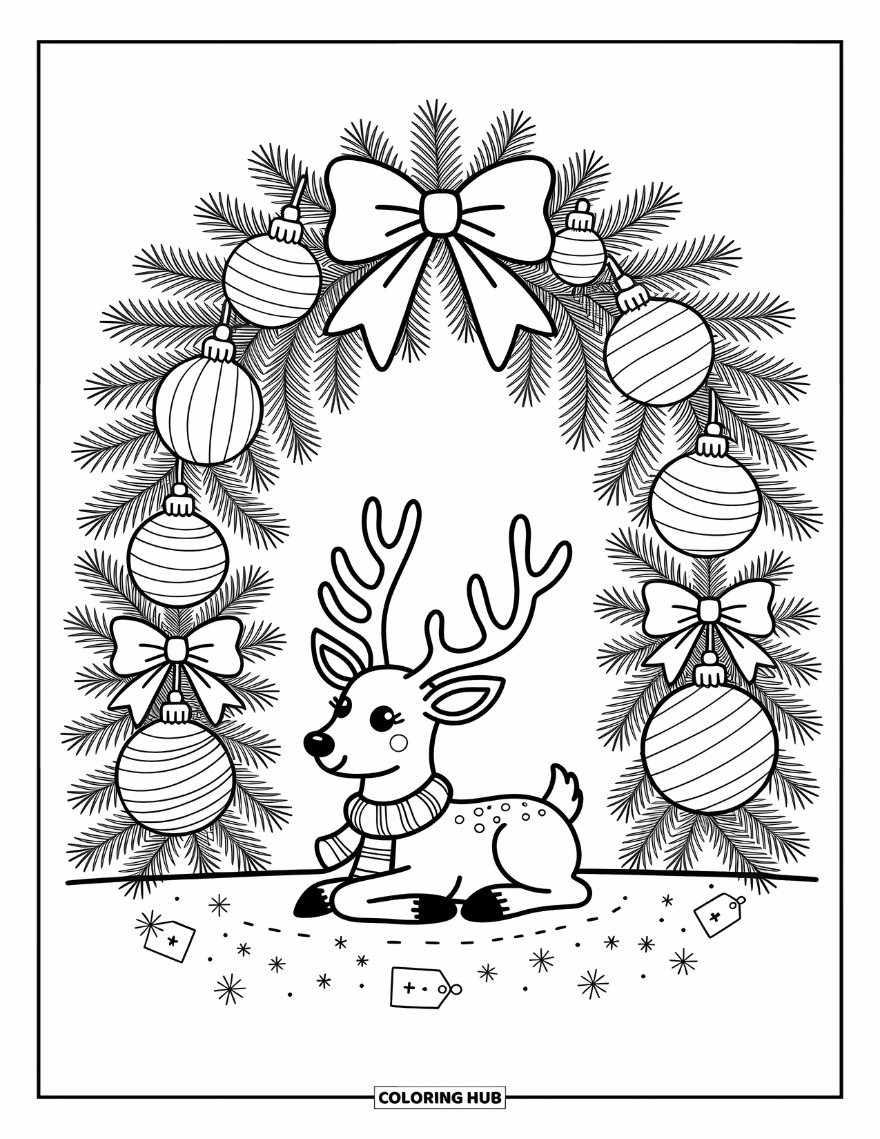Christmas Reindeer Coloring Page for Adults: A reindeer in a scarf sits beneath an arch of evergreens and candy baubles