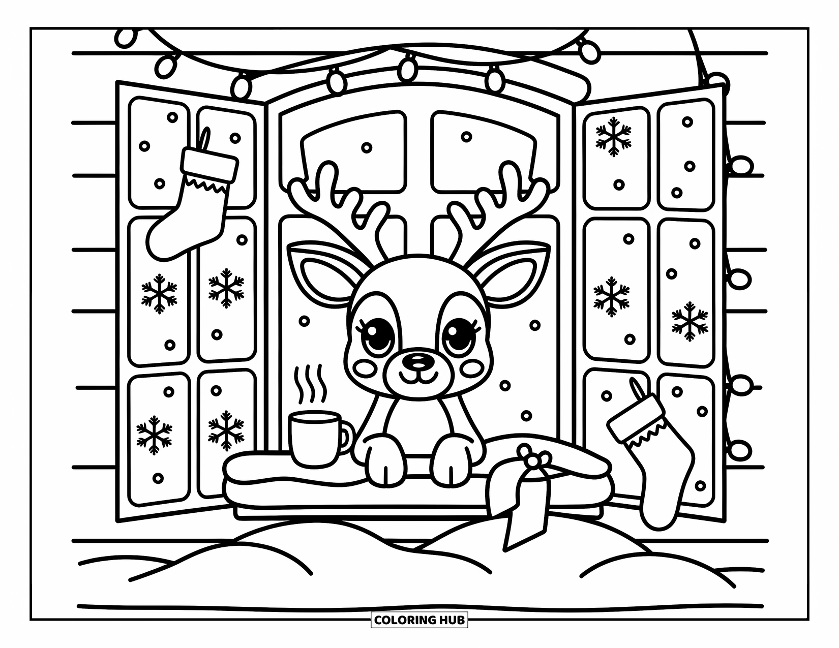 Christmas Reindeer Coloring Page for Adults: A reindeer peeks from a snowy window with stockings, a mug, and soft lights